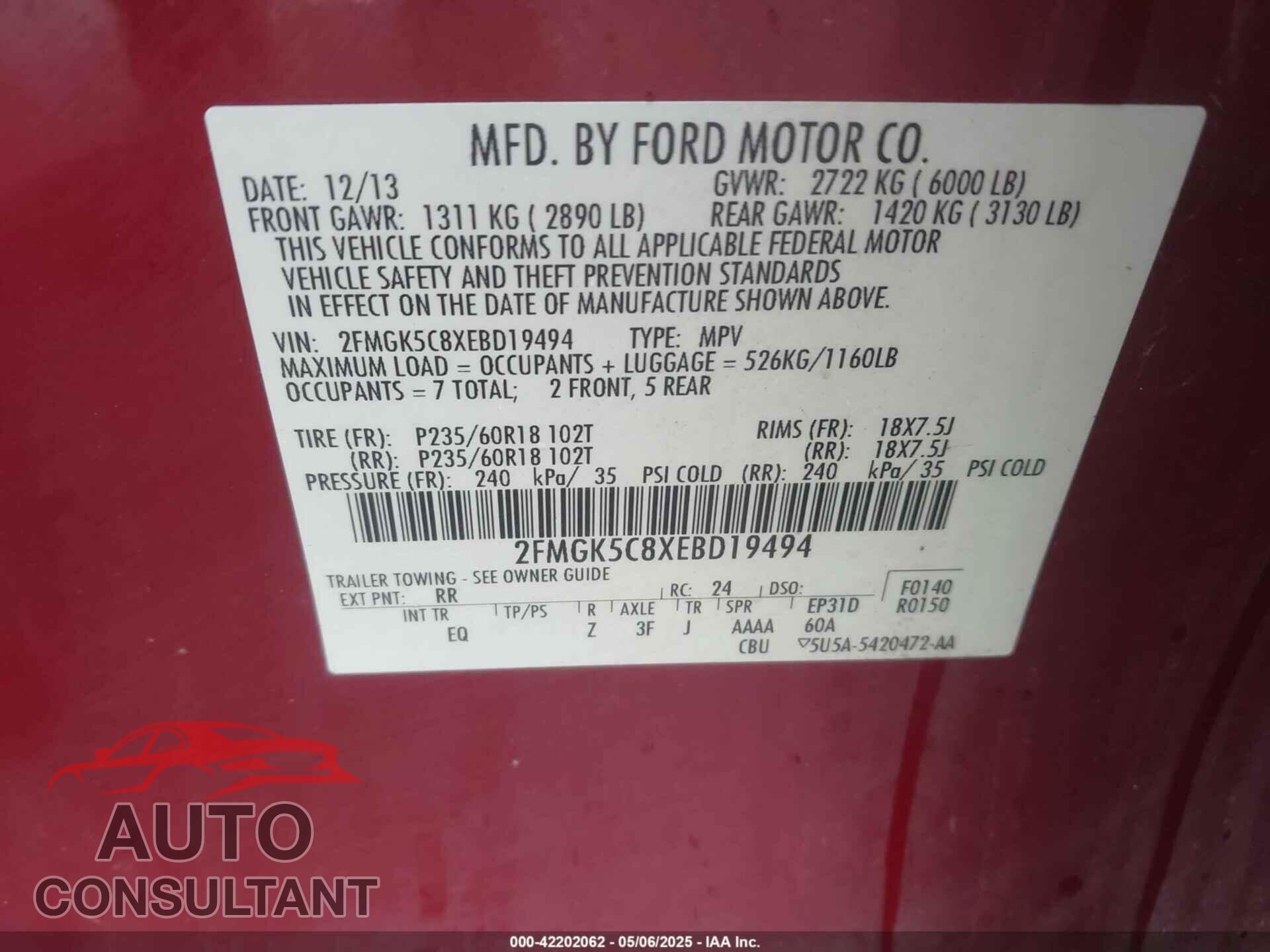 FORD FLEX 2014 - 2FMGK5C8XEBD19494