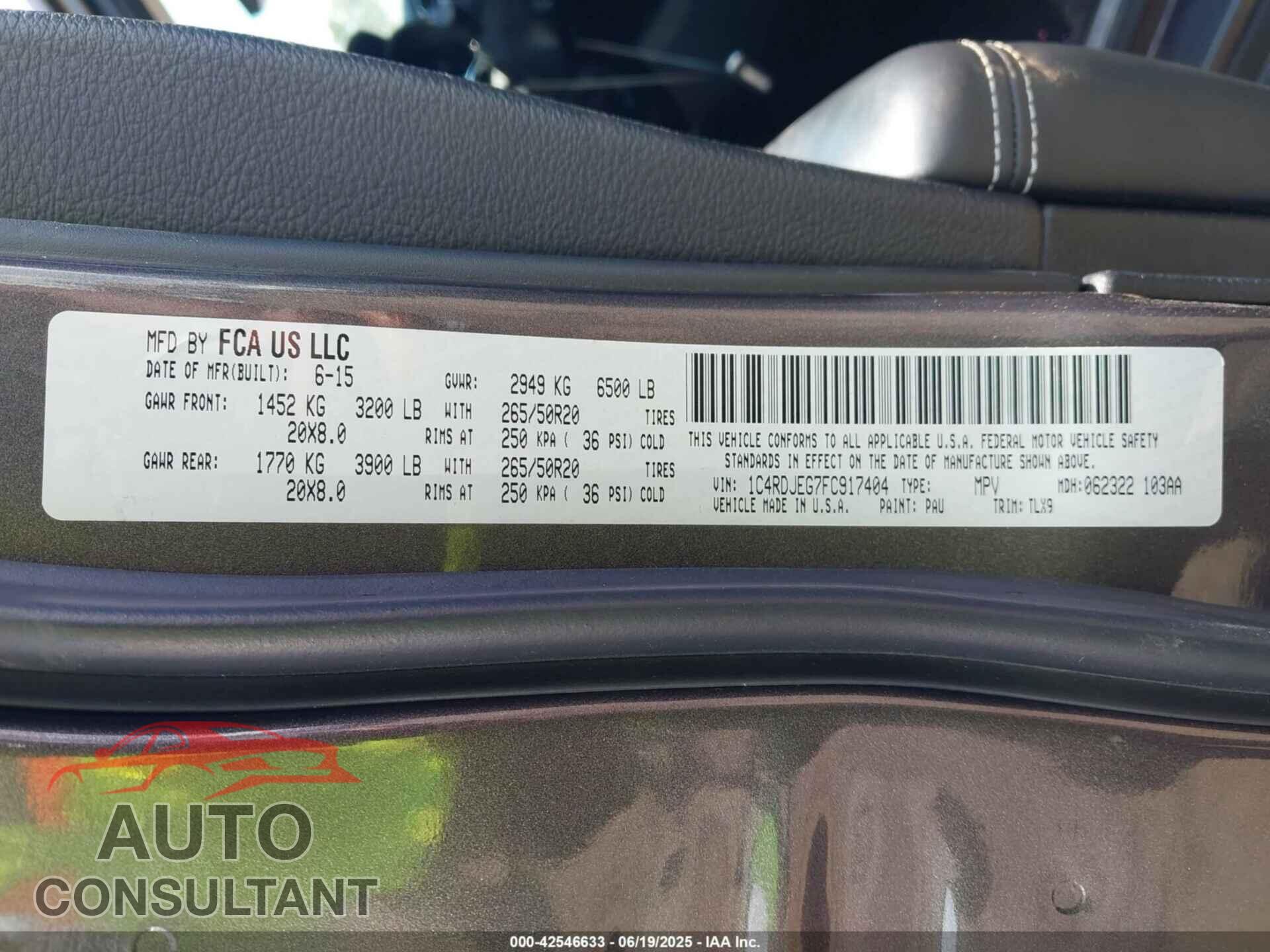 DODGE DURANGO 2015 - 1C4RDJEG7FC917404