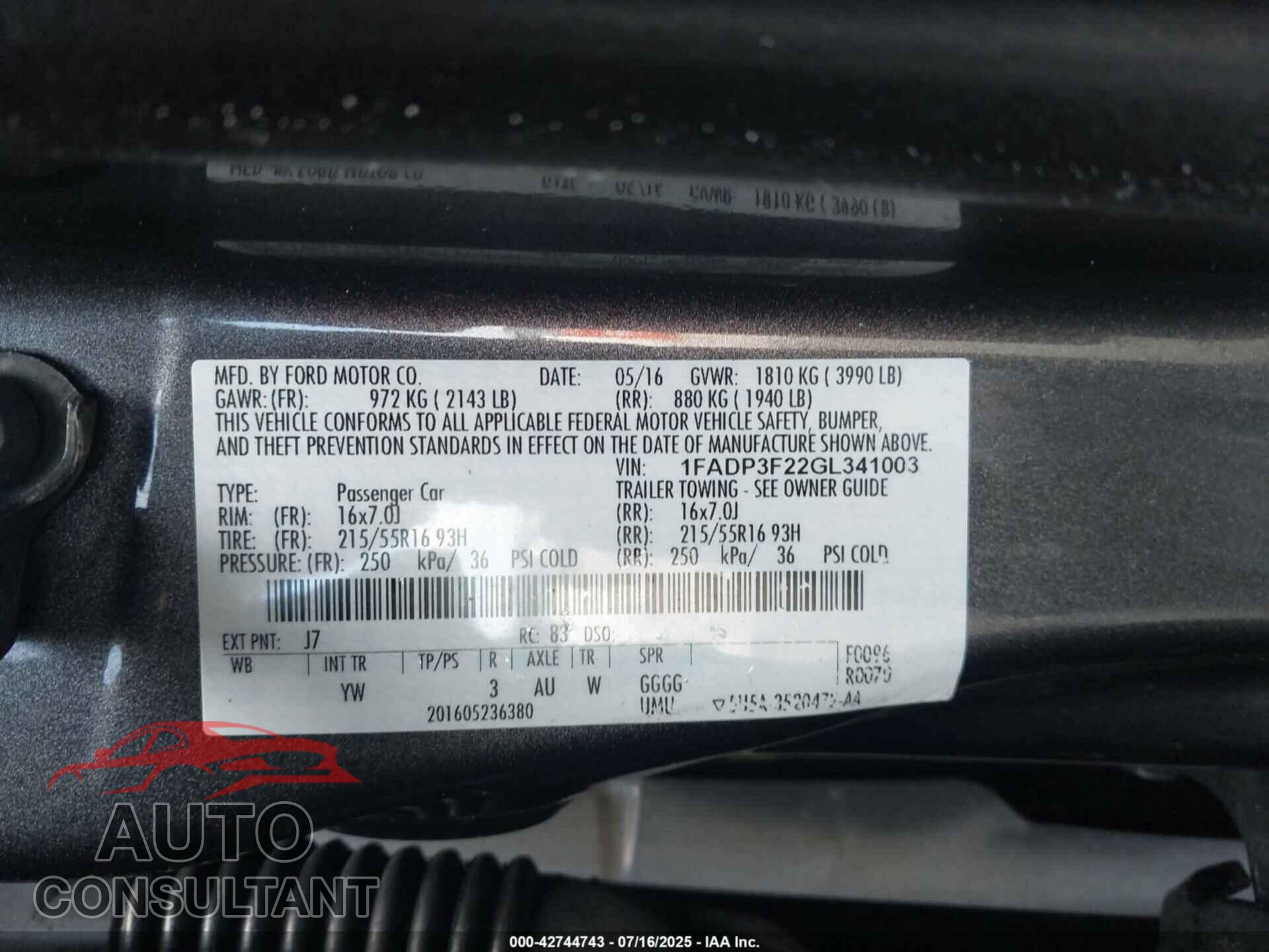 FORD FOCUS 2016 - 1FADP3F22GL341003