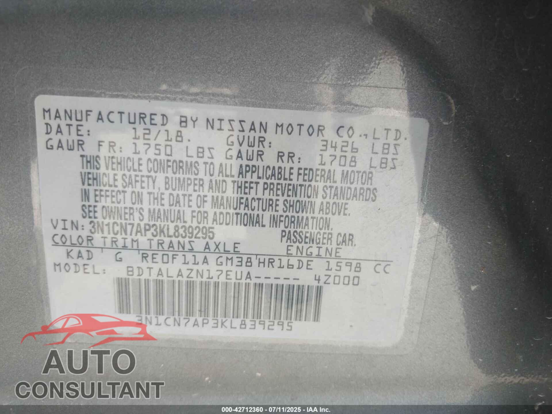 NISSAN VERSA 2019 - 3N1CN7AP3KL839295