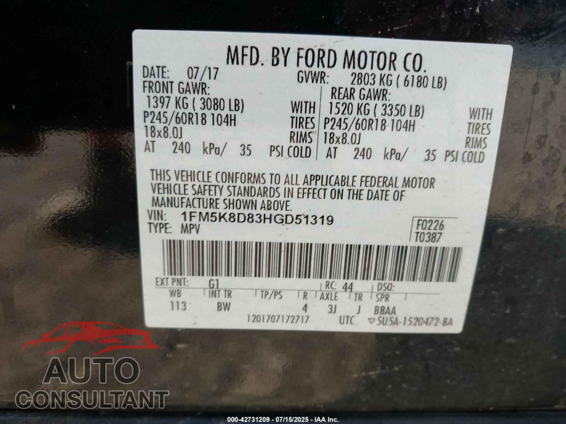 FORD EXPLORER 2017 - 1FM5K8D83HGD51319