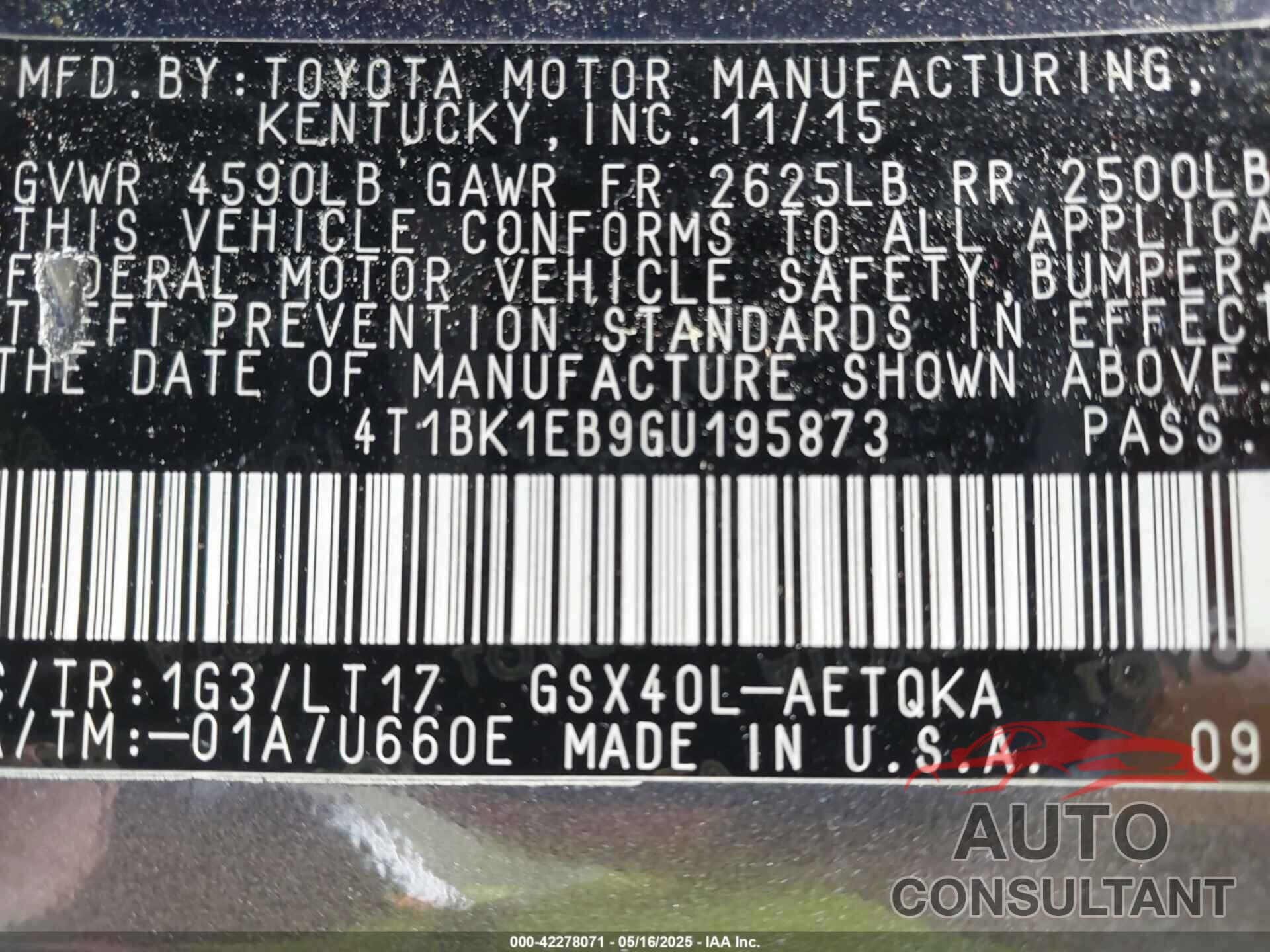 TOYOTA AVALON 2016 - 4T1BK1EB9GU195873