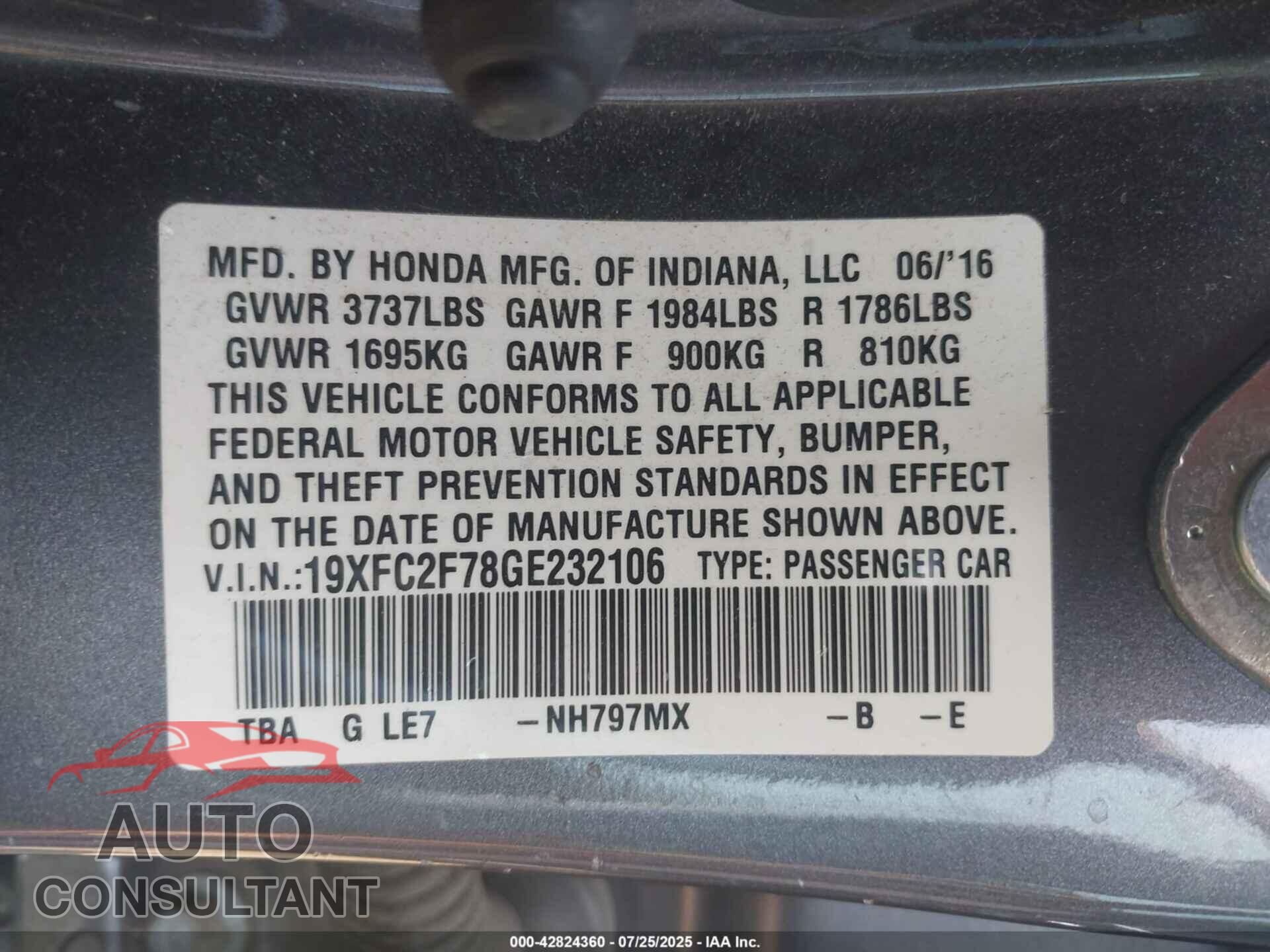 HONDA CIVIC 2016 - 19XFC2F78GE232106