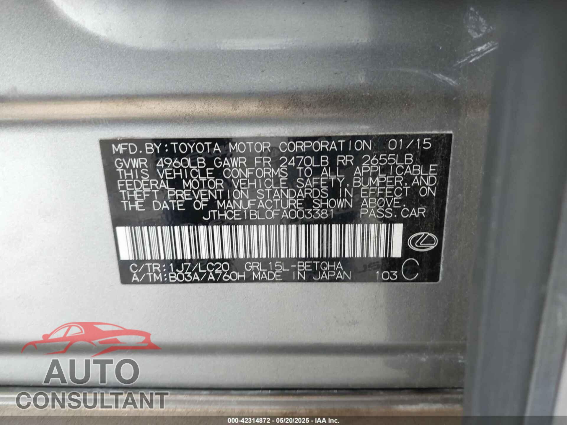 LEXUS GS 350 2015 - JTHCE1BL0FA003381