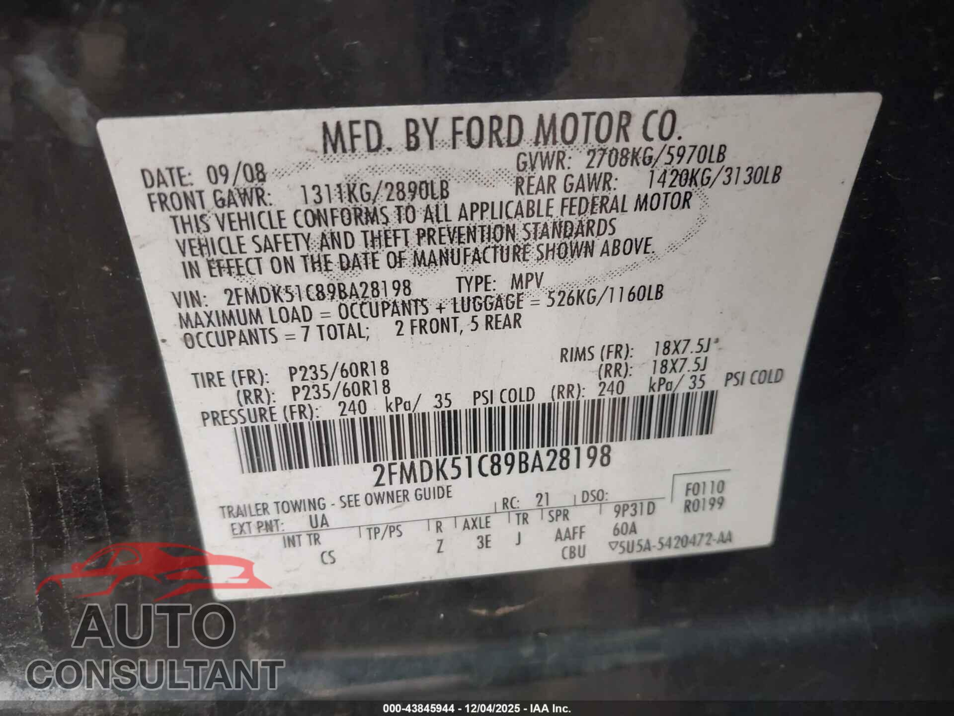 FORD FLEX 2009 - 2FMDK51C89BA28198