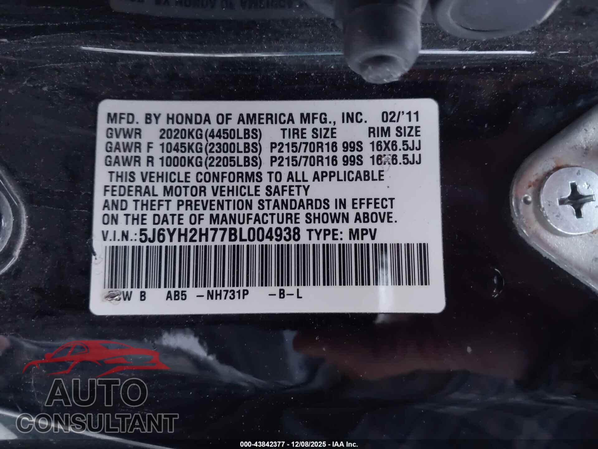 HONDA ELEMENT 2011 - 5J6YH2H77BL004938