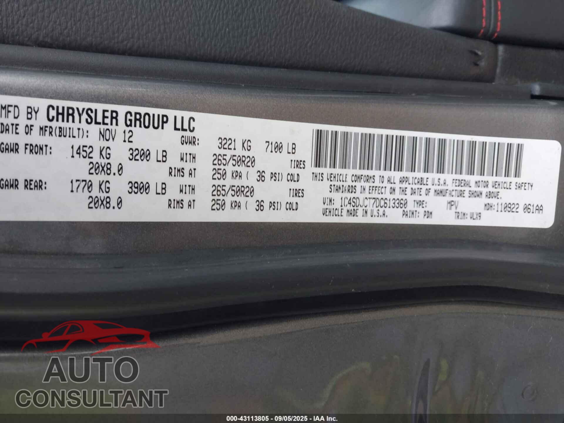 DODGE DURANGO 2013 - 1C4SDJCT7DC613360