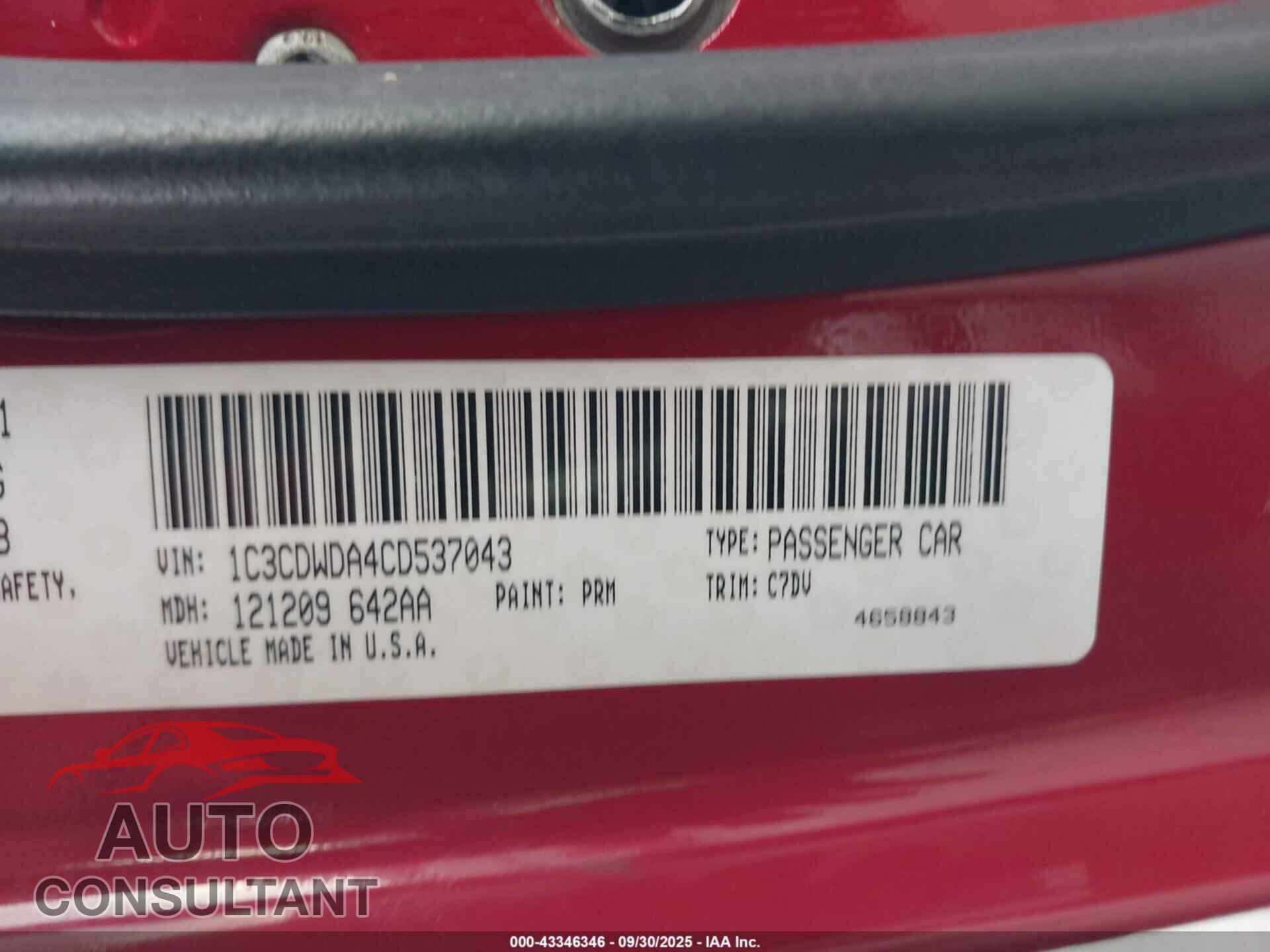 DODGE CALIBER 2012 - 1C3CDWDA4CD537043
