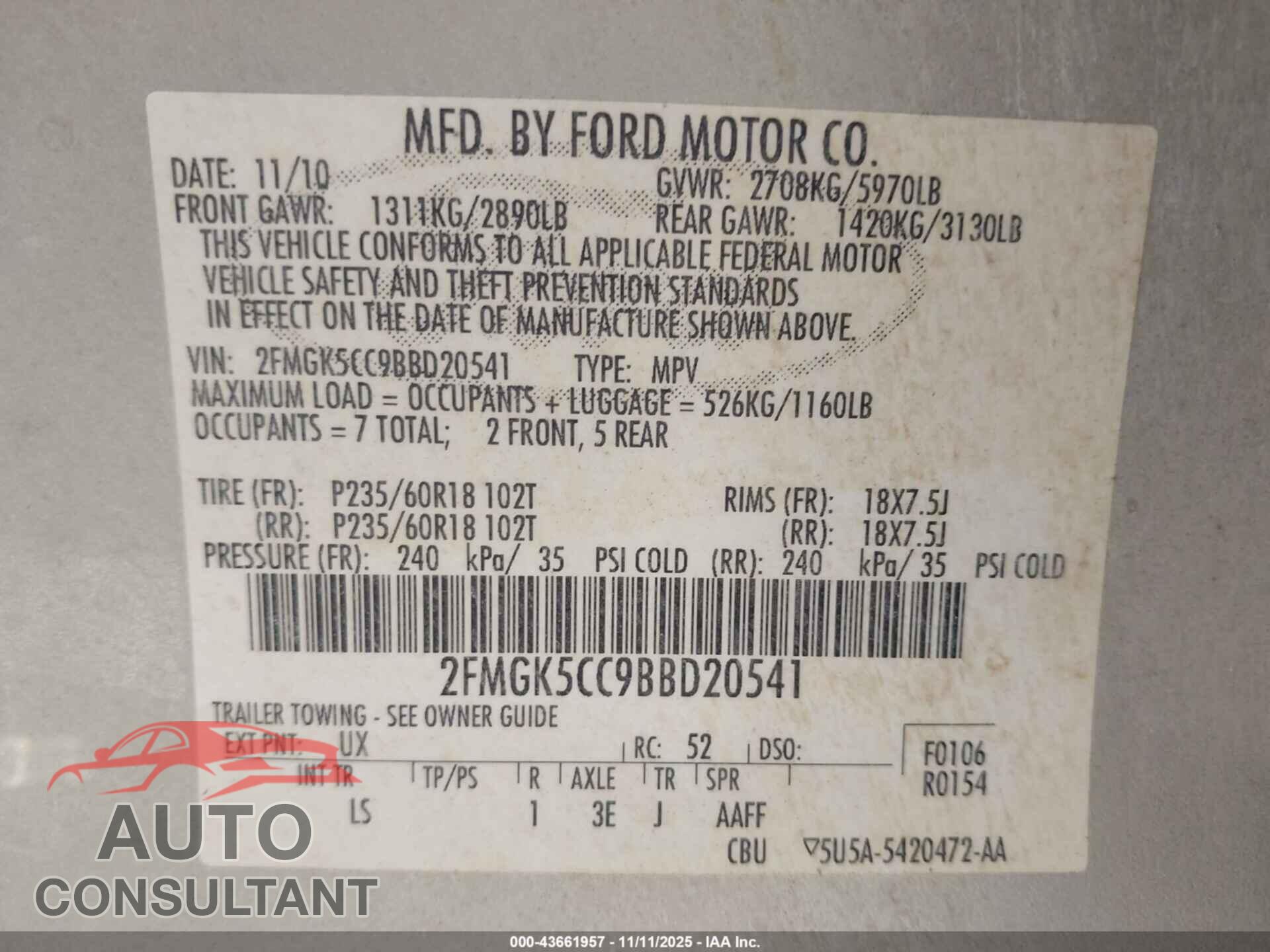 FORD FLEX 2011 - 2FMGK5CC9BBD20541