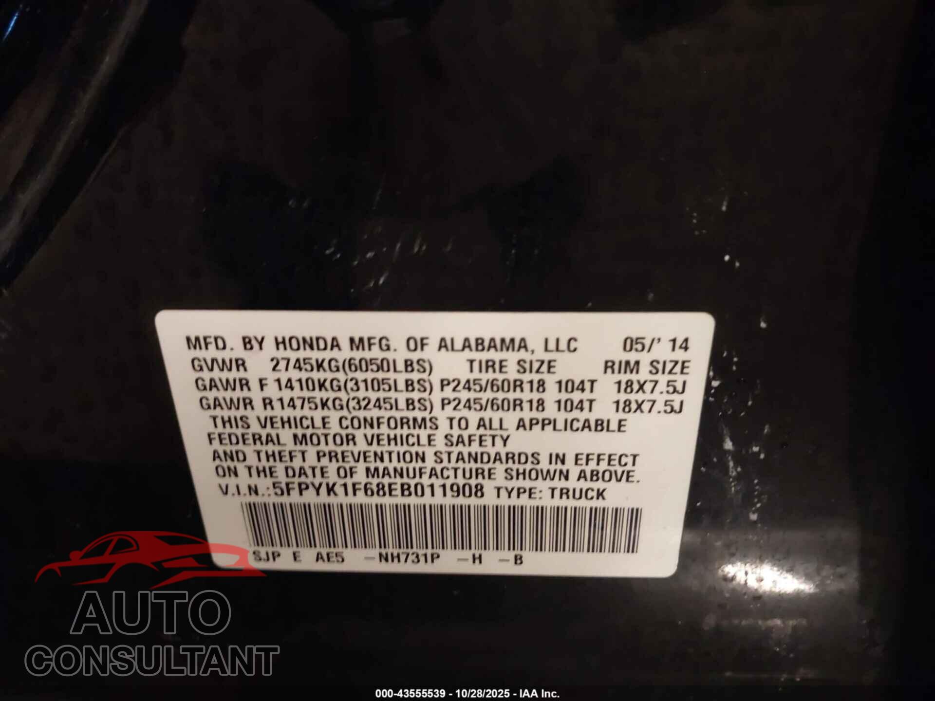 HONDA RIDGELINE 2014 - 5FPYK1F68EB011908