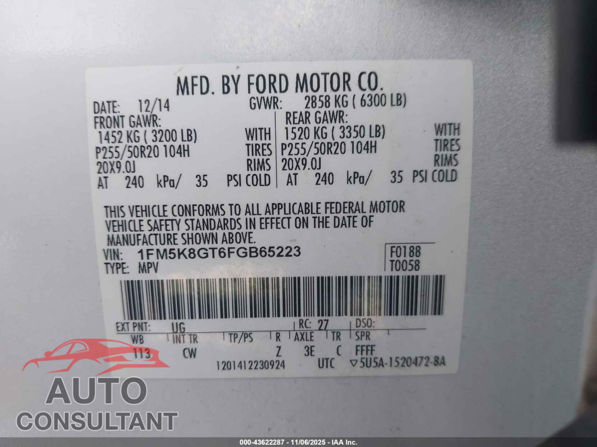 FORD EXPLORER 2015 - 1FM5K8GT6FGB65223