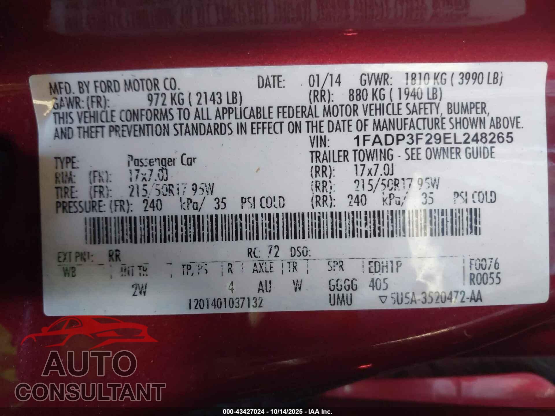 FORD FOCUS 2014 - 1FADP3F29EL248265