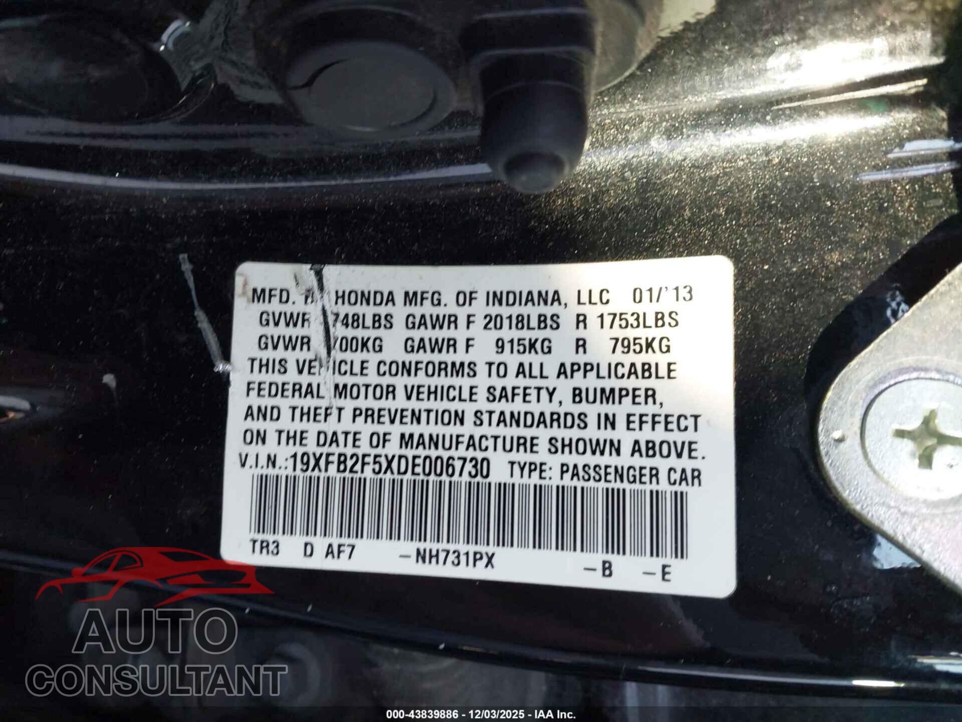 HONDA CIVIC 2013 - 19XFB2F5XDE006730