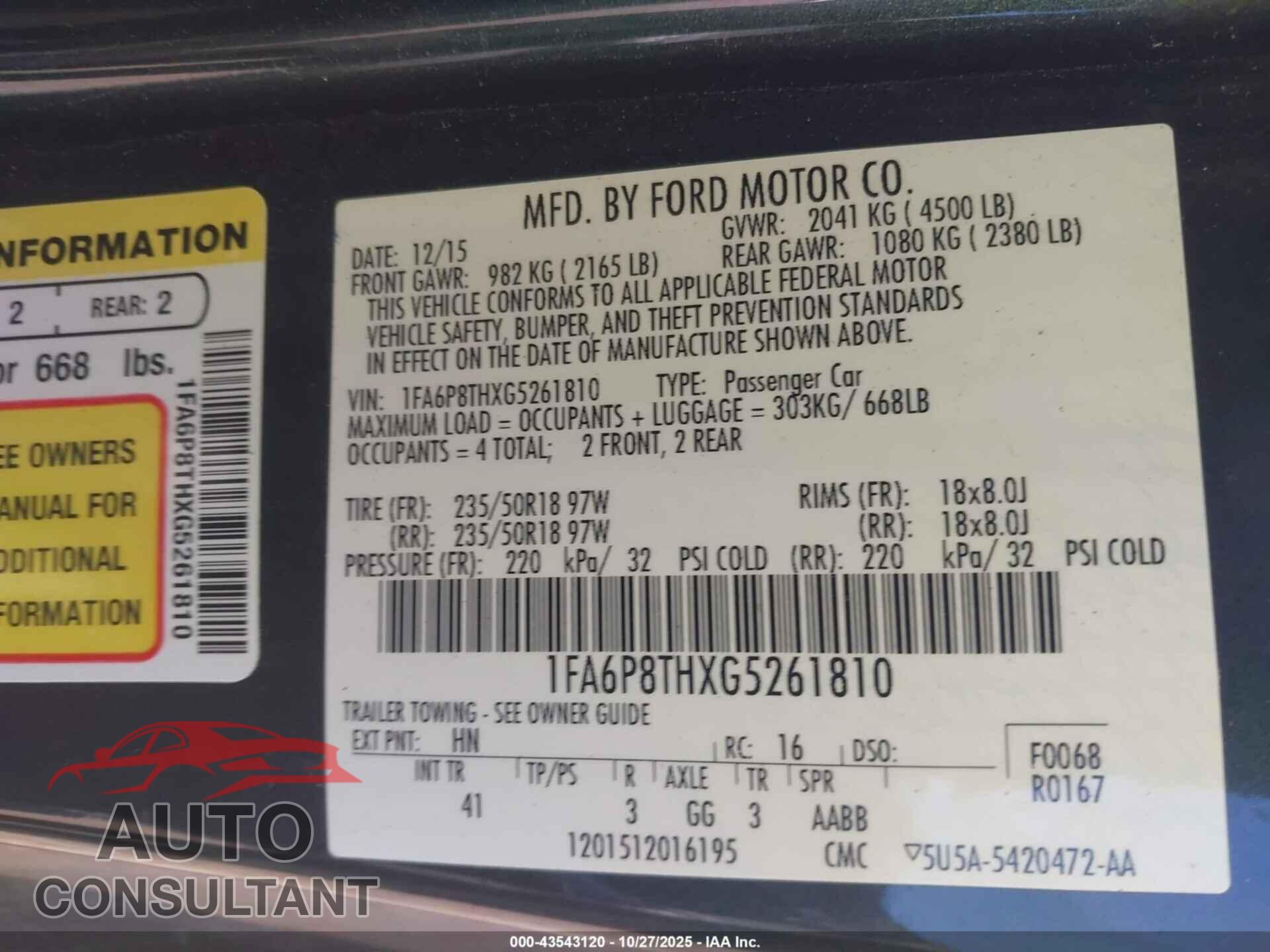 FORD MUSTANG 2016 - 1FA6P8THXG5261810