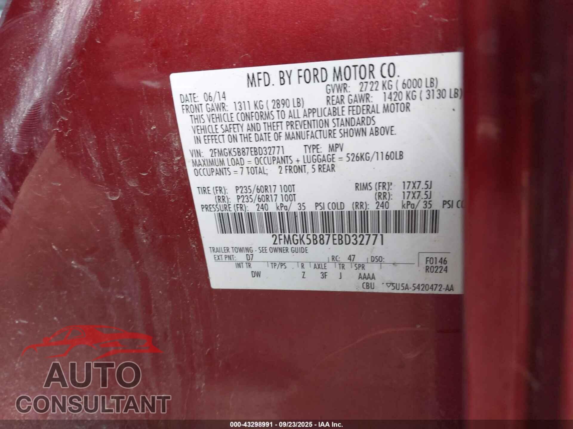 FORD FLEX 2014 - 2FMGK5B87EBD32771