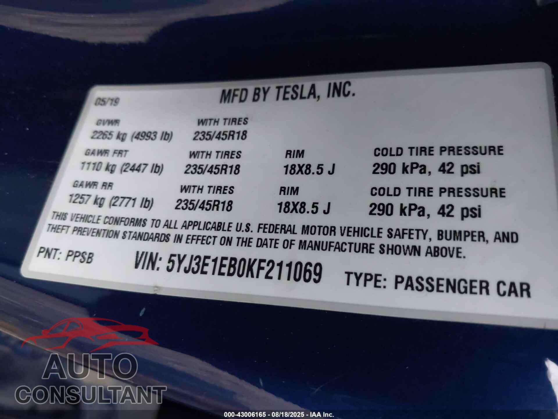 TESLA MODEL 3 2019 - 5YJ3E1EB0KF211069
