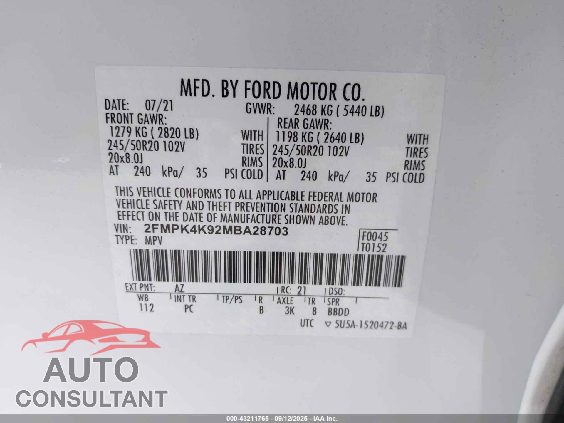FORD EDGE 2021 - 2FMPK4K92MBA28703