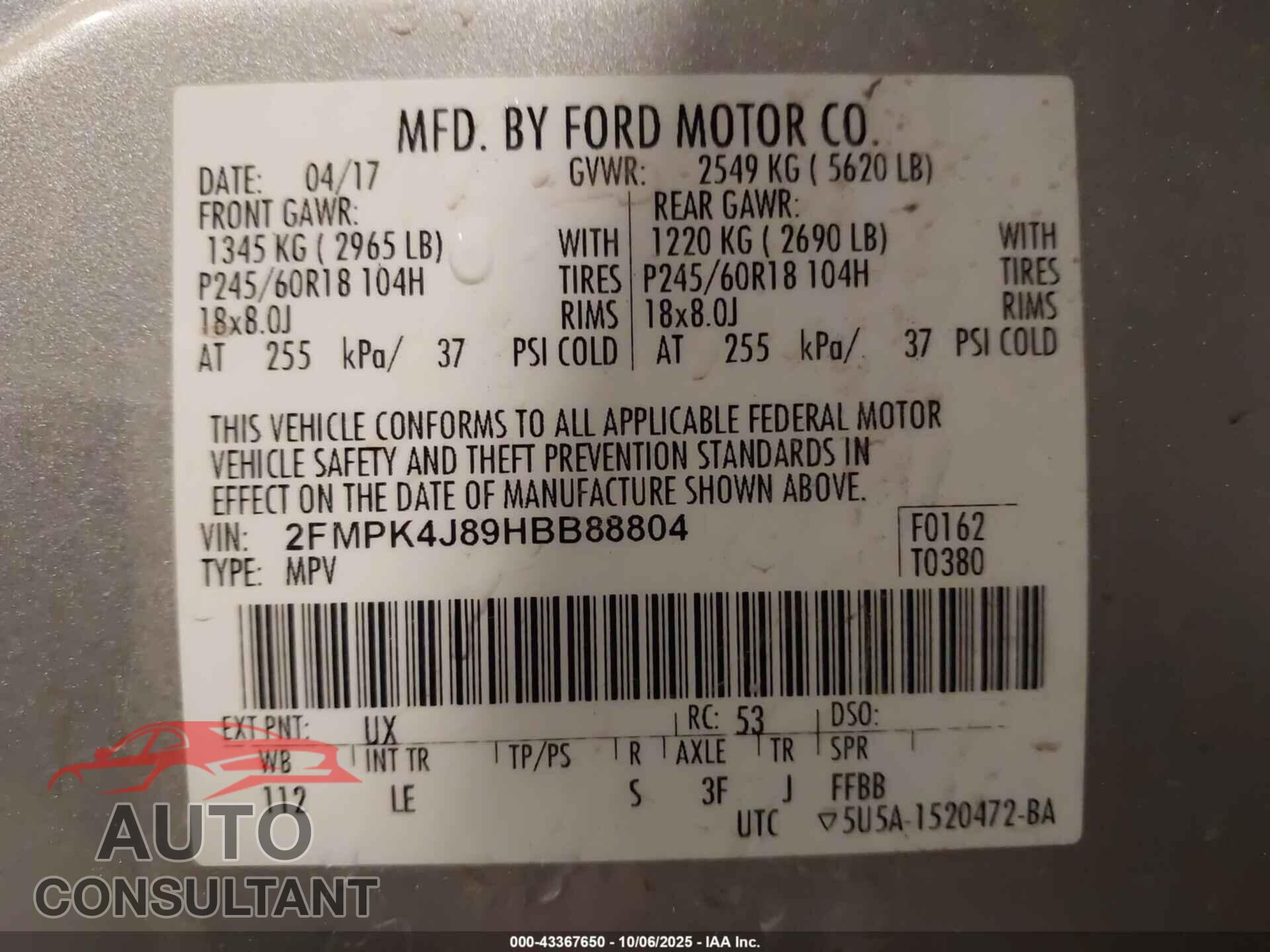 FORD EDGE 2017 - 2FMPK4J89HBB88804
