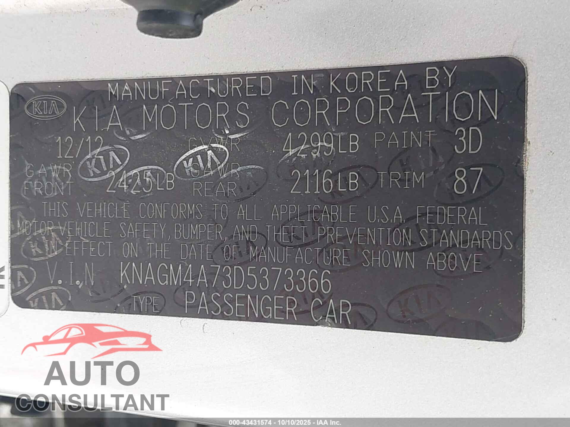 KIA OPTIMA 2013 - KNAGM4A73D5373366