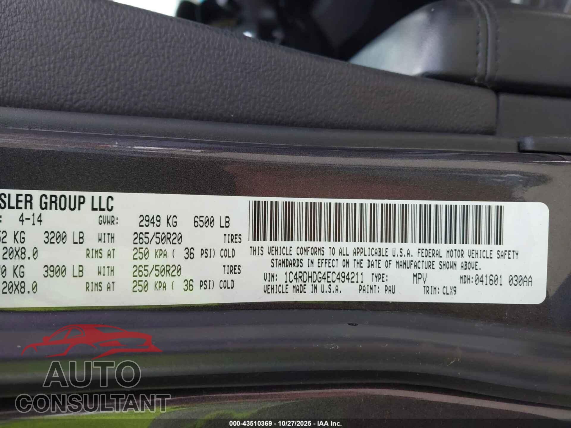 DODGE DURANGO 2014 - 1C4RDHDG4EC494211