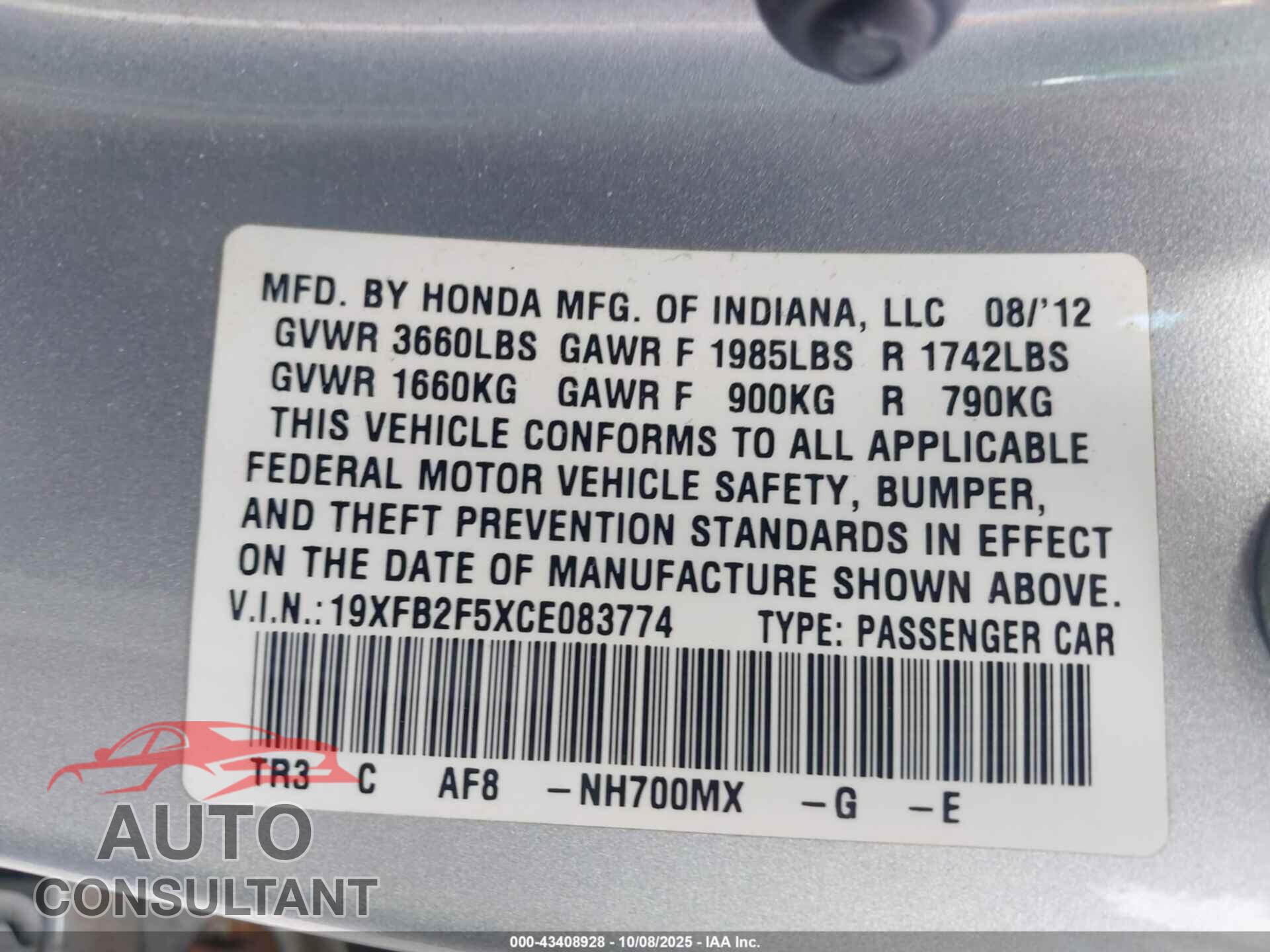HONDA CIVIC 2012 - 19XFB2F5XCE083774