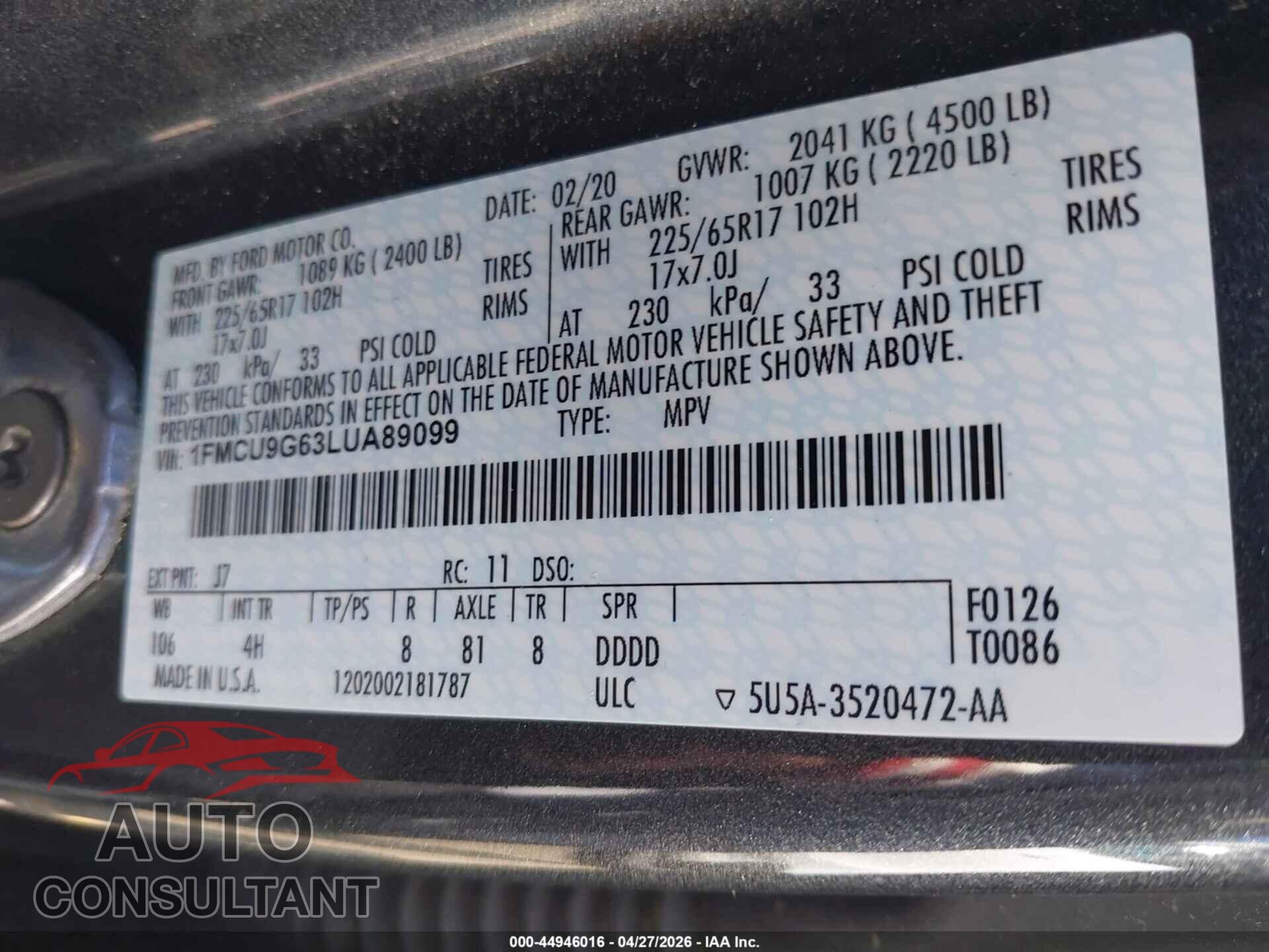FORD ESCAPE 2020 - 1FMCU9G63LUA89099