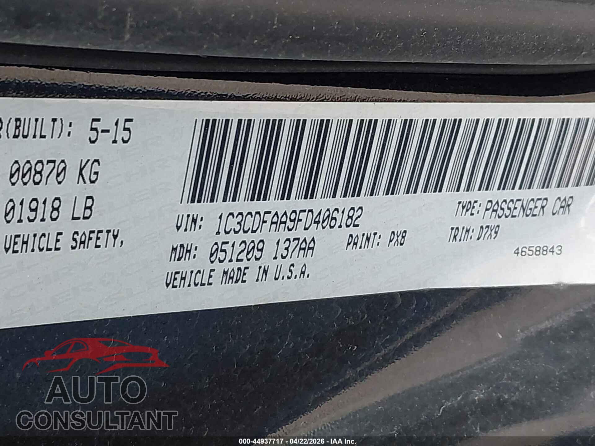DODGE DART 2015 - 1C3CDFAA9FD406182