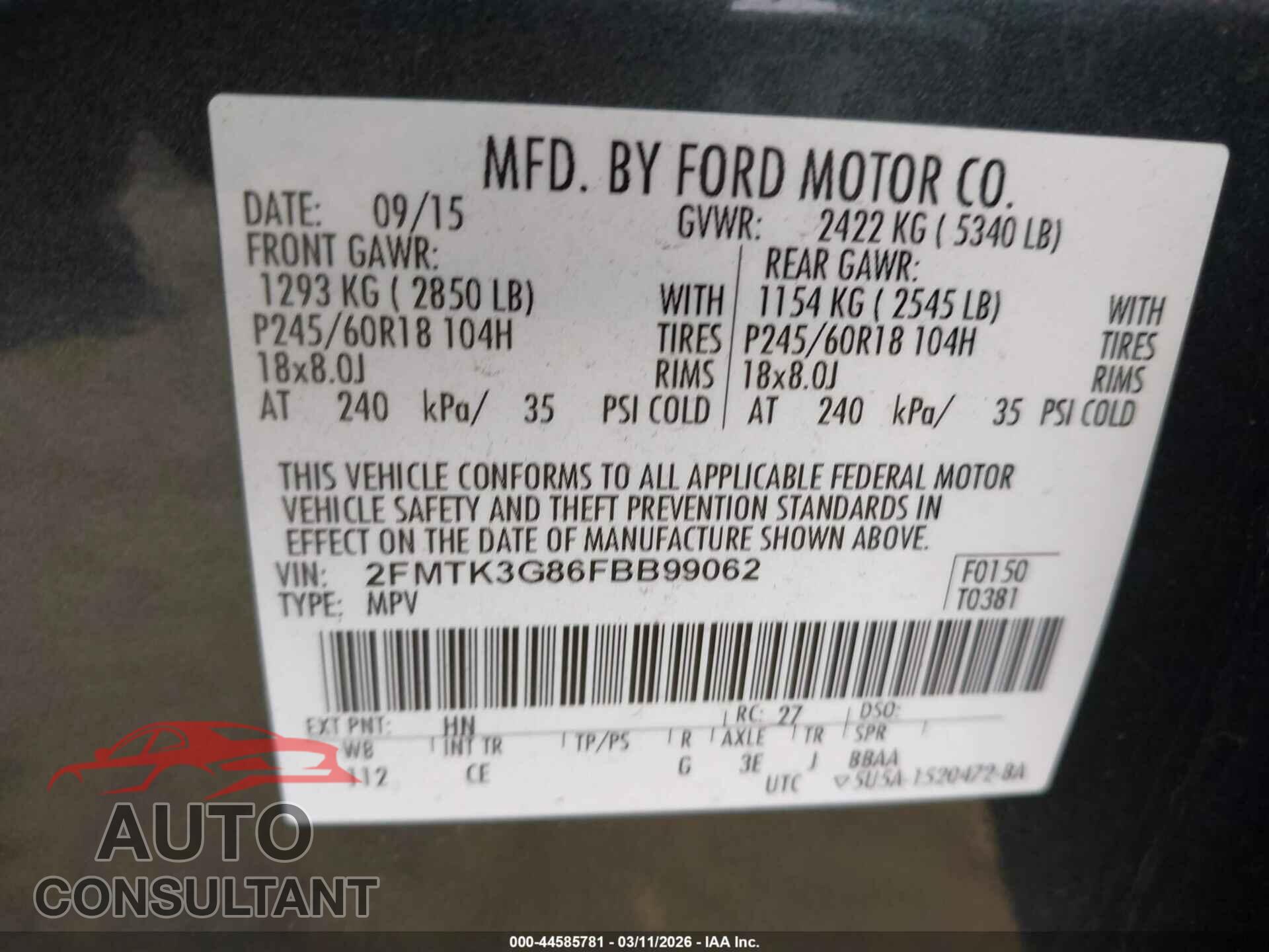 FORD EDGE 2015 - 2FMTK3G86FBB99062