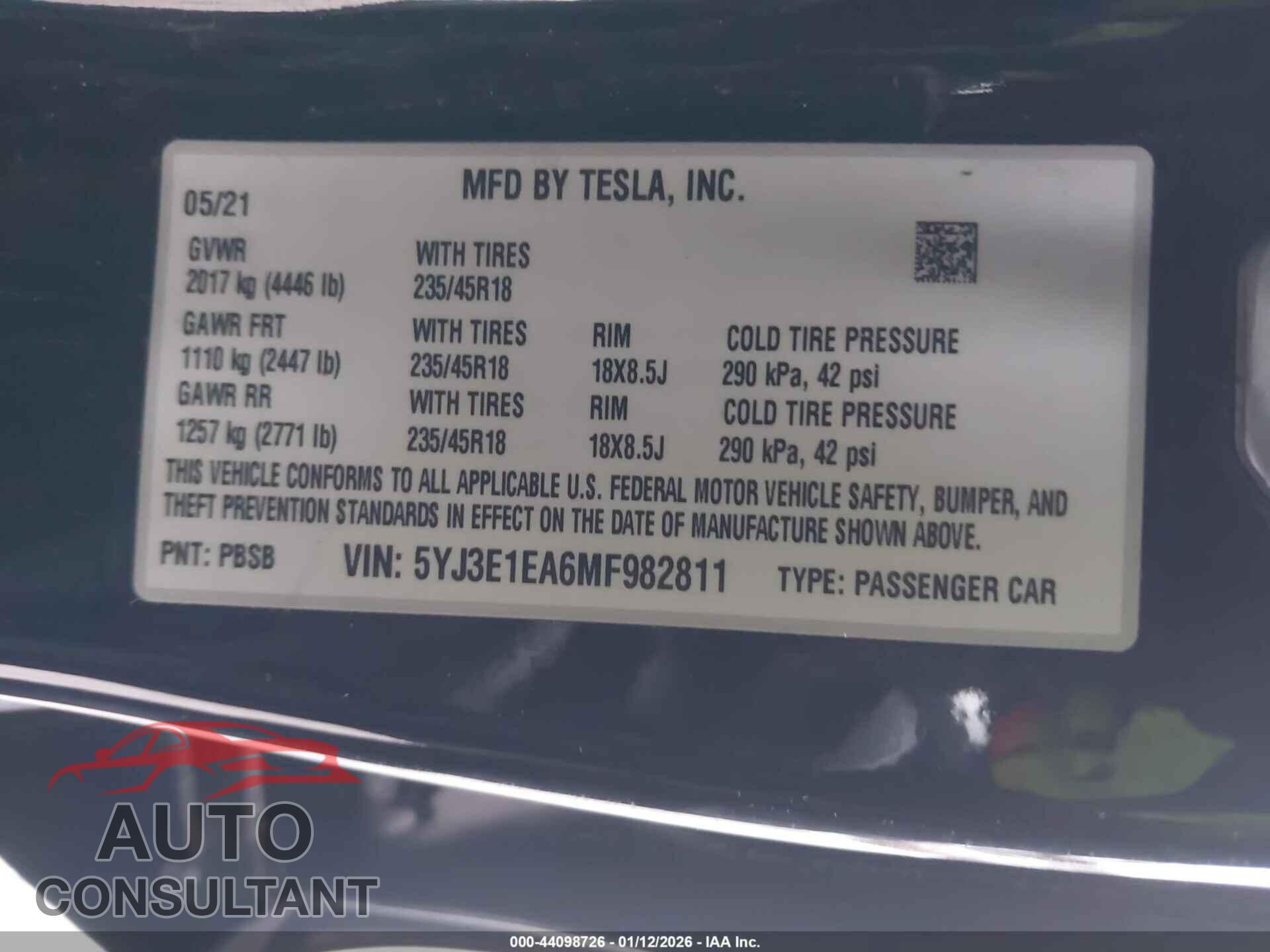 TESLA MODEL 3 2021 - 5YJ3E1EA6MF982811