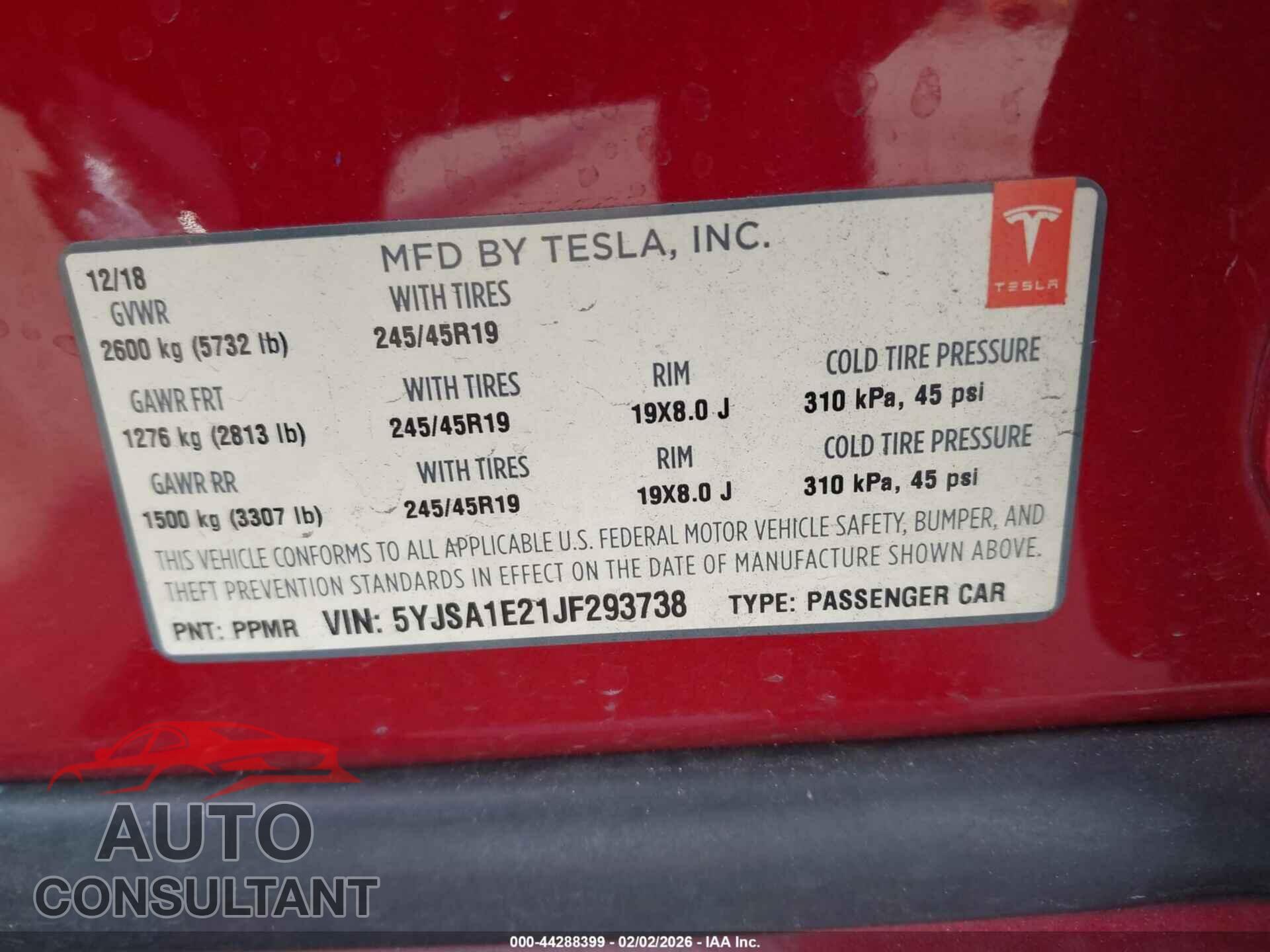 TESLA MODEL S 2018 - 5YJSA1E21JF293738