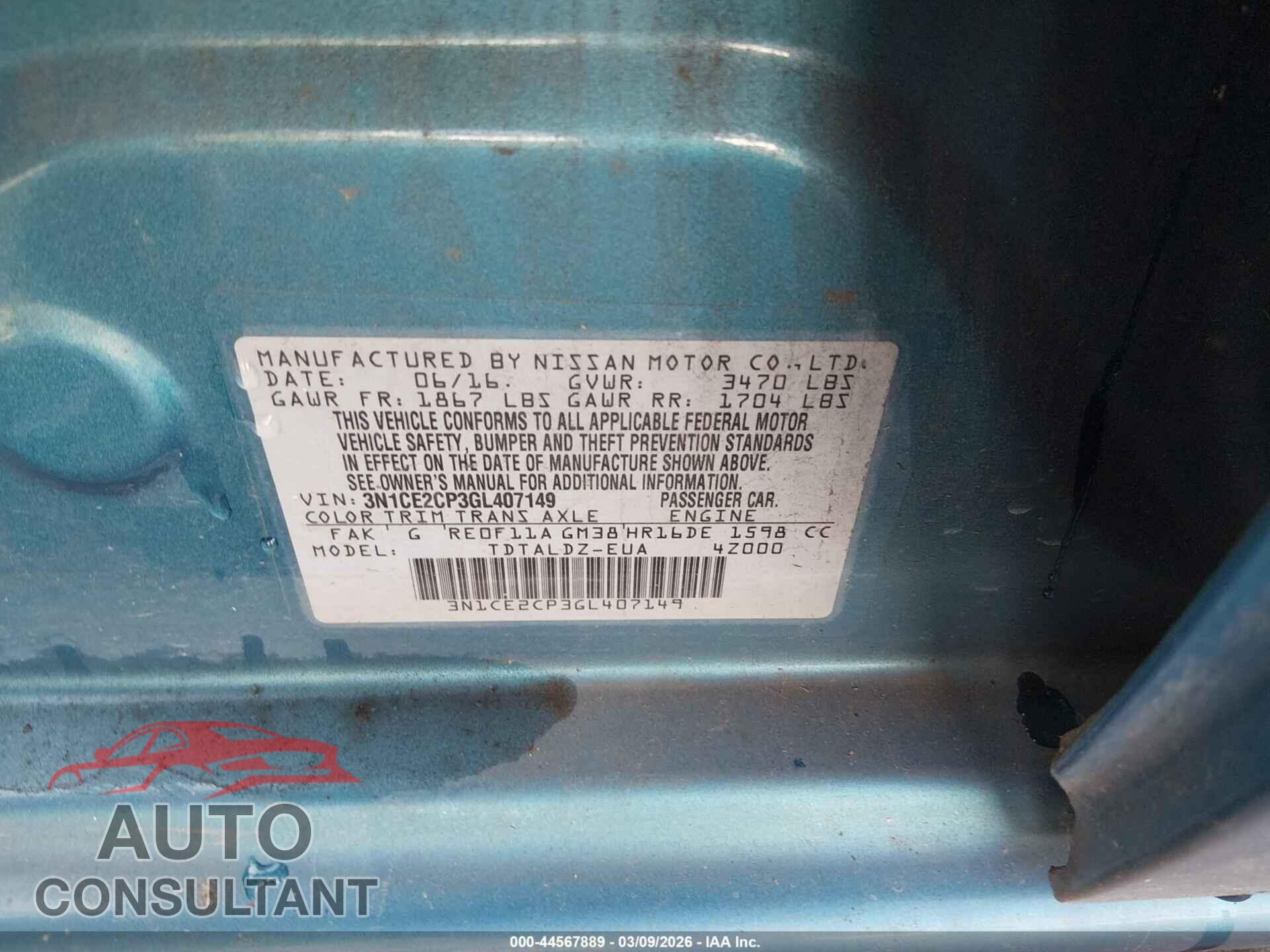 NISSAN VERSA NOTE 2016 - 3N1CE2CP3GL407149