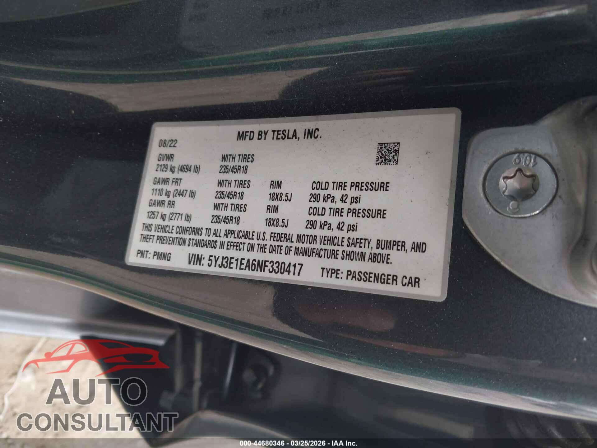 TESLA MODEL 3 2022 - 5YJ3E1EA6NF330417
