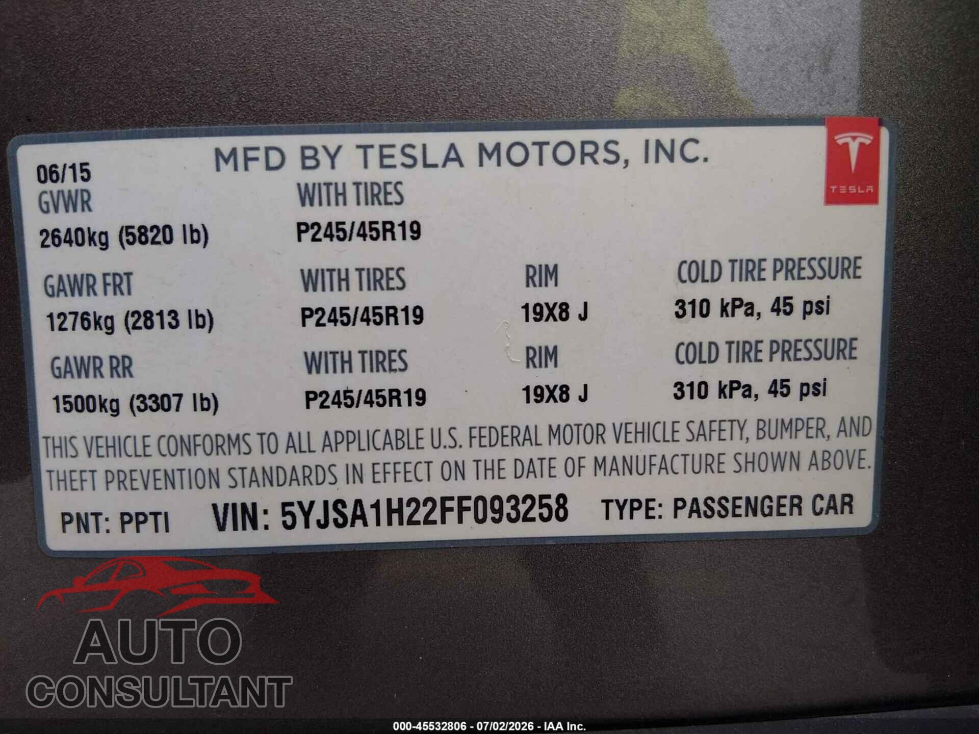 TESLA MODEL S 2015 - 5YJSA1H22FF093258