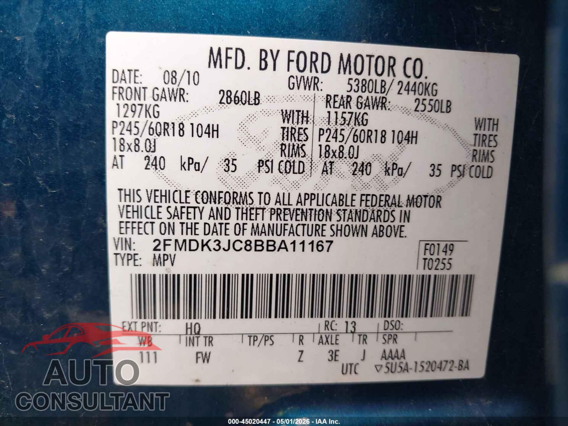 FORD EDGE 2011 - 2FMDK3JC8BBA11167