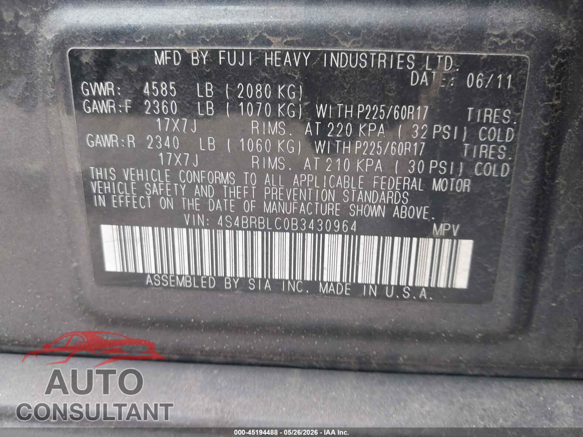 SUBARU OUTBACK 2011 - 4S4BRBLC0B3430964