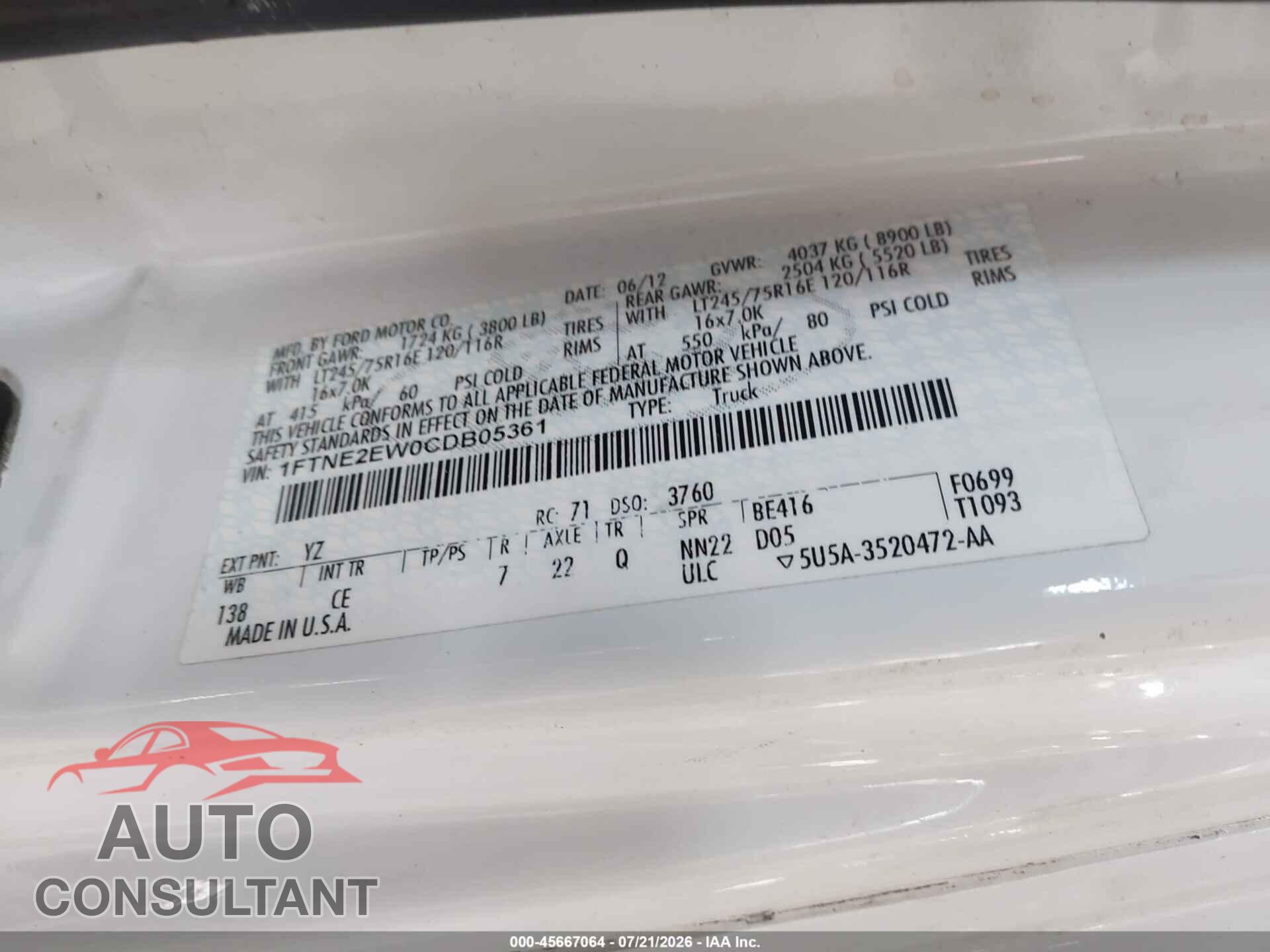 FORD E-250 2012 - 1FTNE2EW0CDB05361