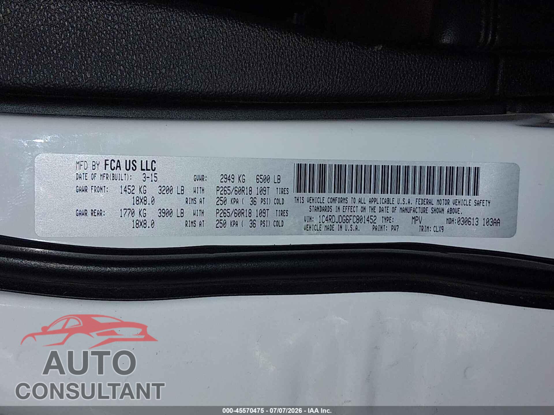 DODGE DURANGO 2015 - 1C4RDJDG6FC801452