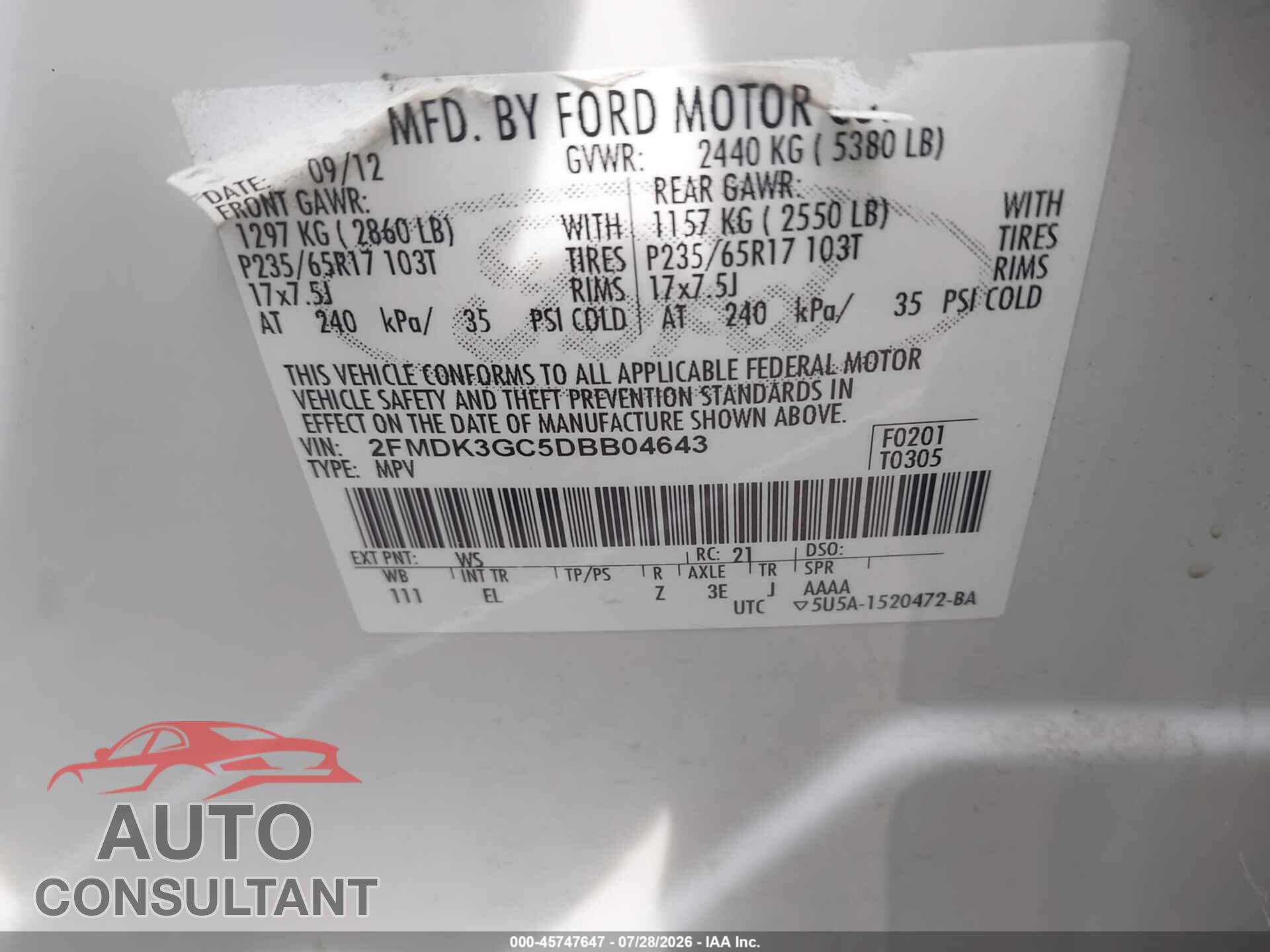 FORD EDGE 2013 - 2FMDK3GC5DBB04643