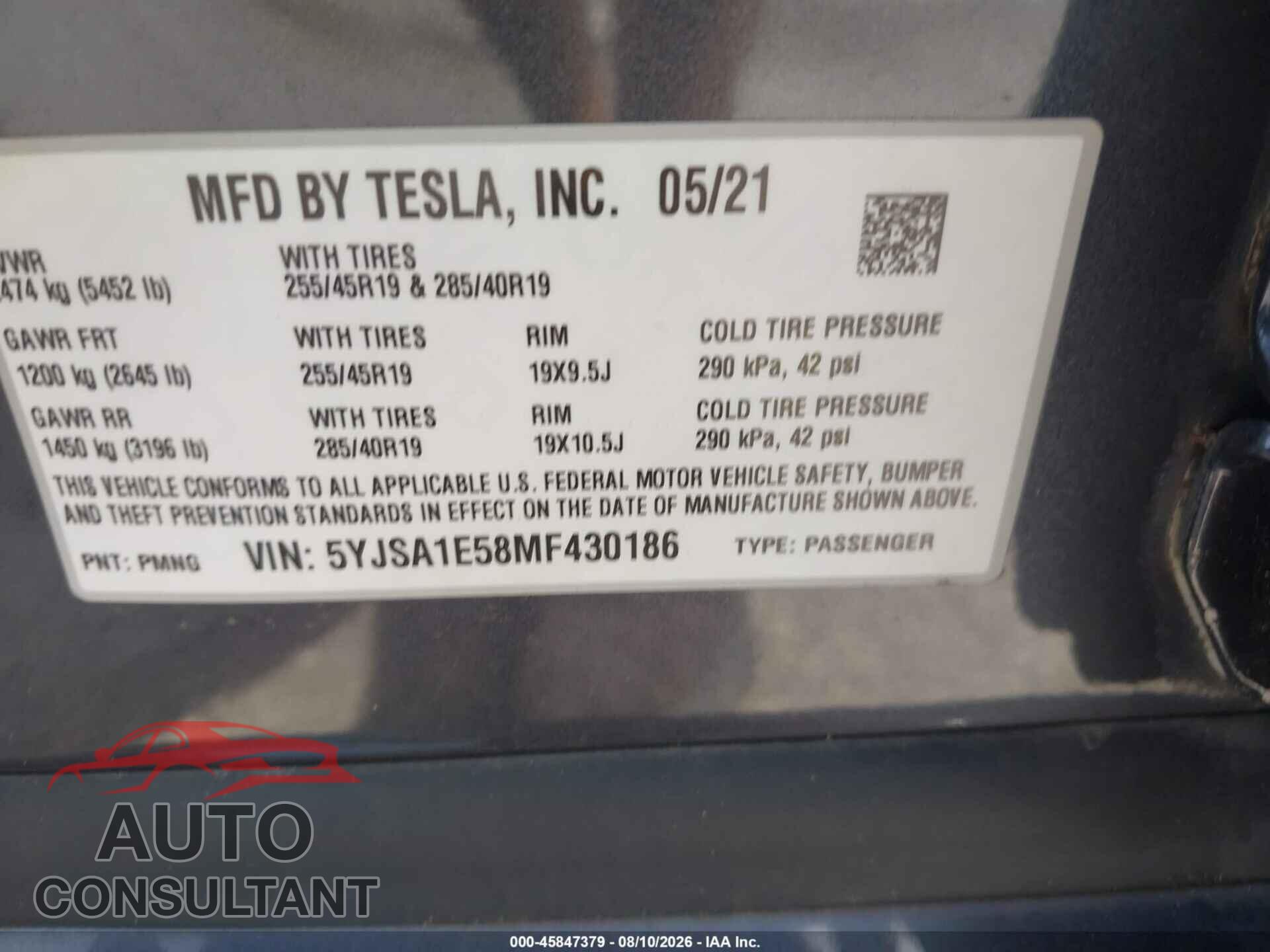 TESLA MODEL S 2021 - 5YJSA1E58MF430186