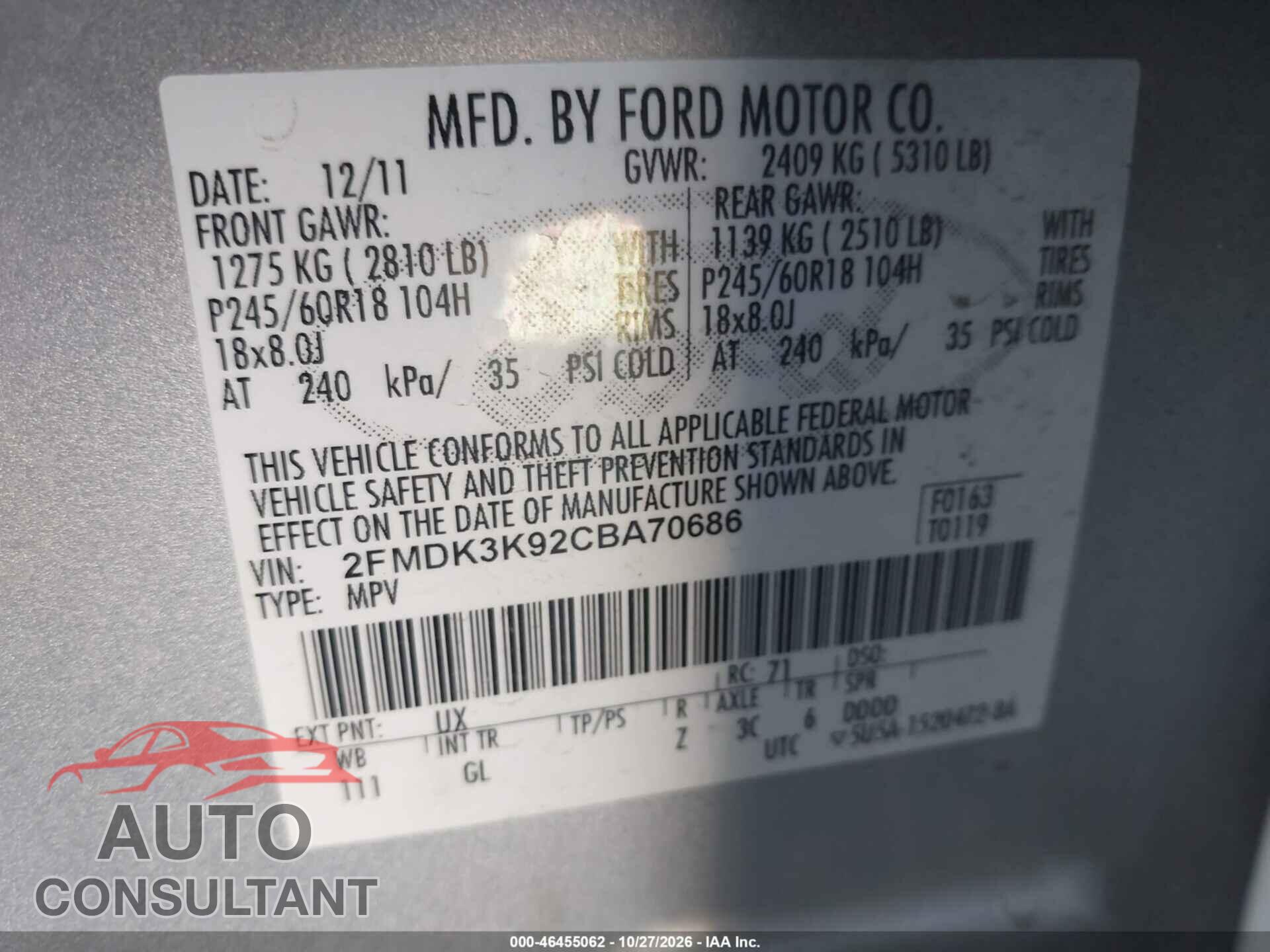 FORD EDGE 2012 - 2FMDK3K92CBA70686