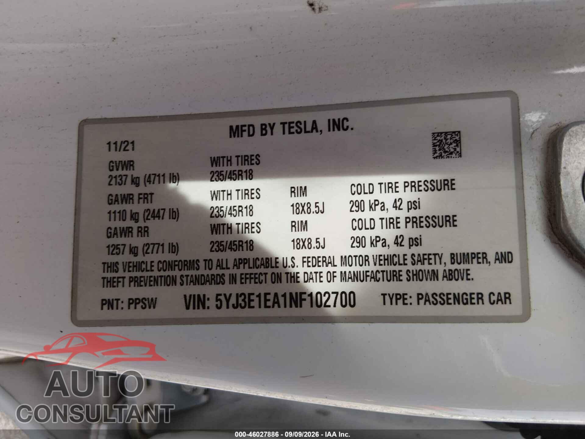 TESLA MODEL 3 2022 - 5YJ3E1EA1NF102700