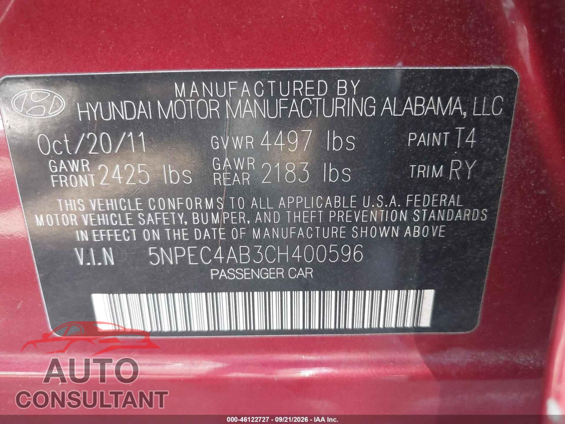 HYUNDAI SONATA 2012 - 5NPEC4AB3CH400596