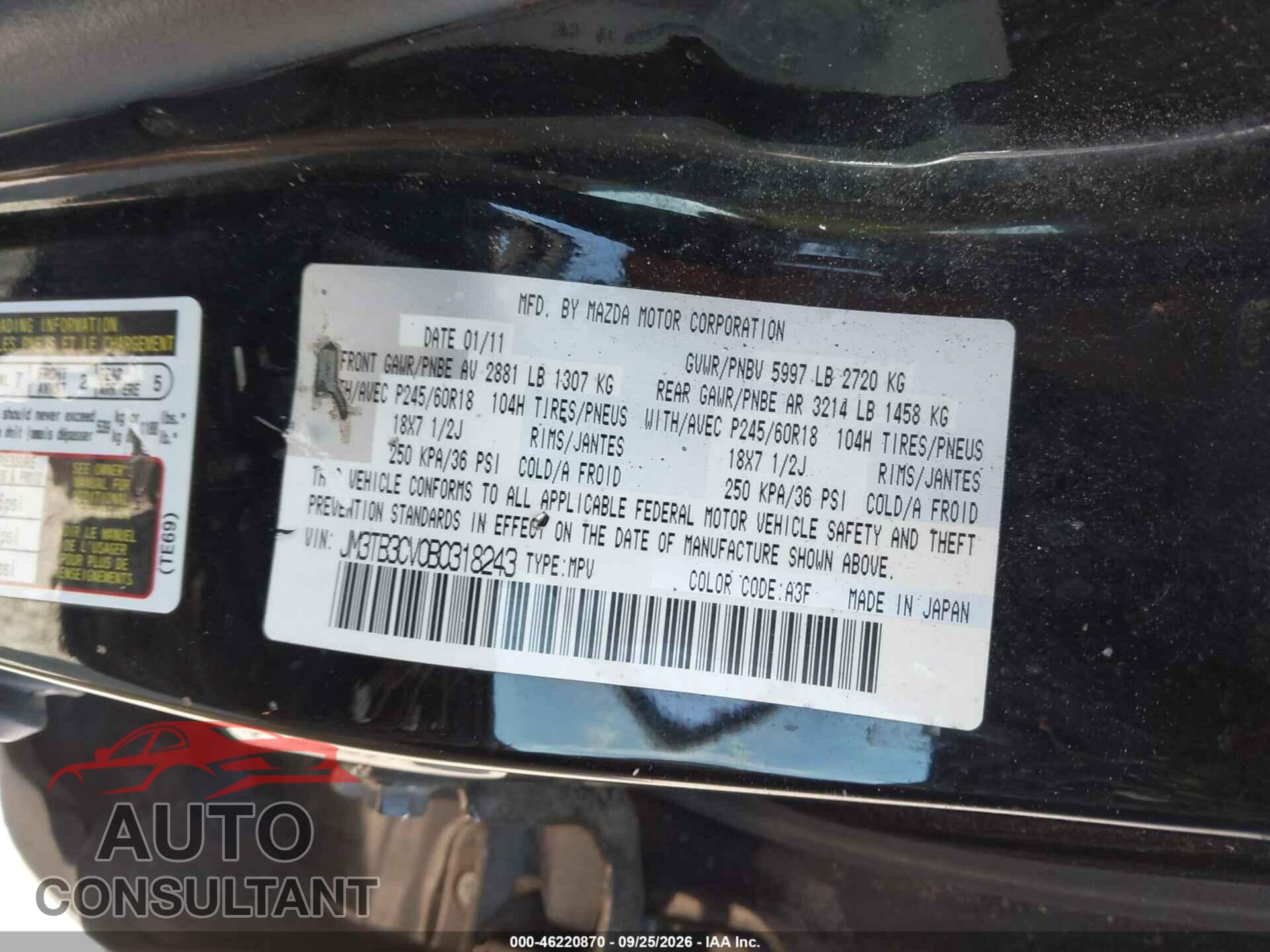 MAZDA CX-9 2011 - JM3TB3CV0B0318243
