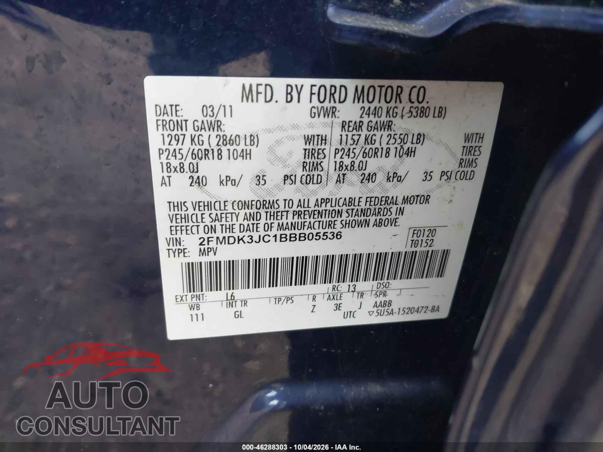 FORD EDGE 2011 - 2FMDK3JC1BBB05536