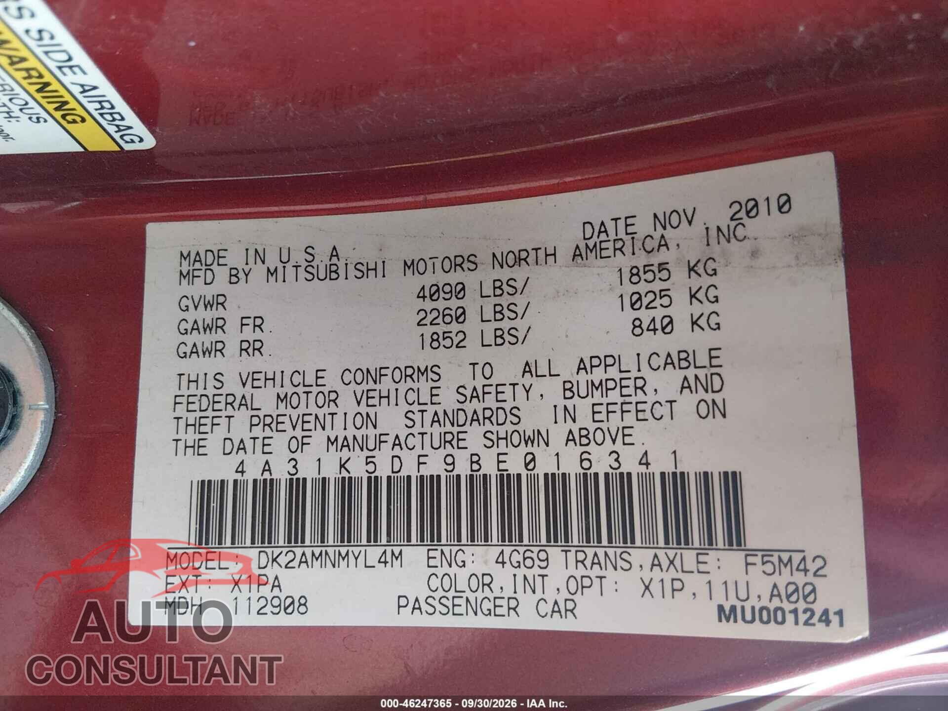 MITSUBISHI ECLIPSE 2011 - 4A31K5DF9BE016341