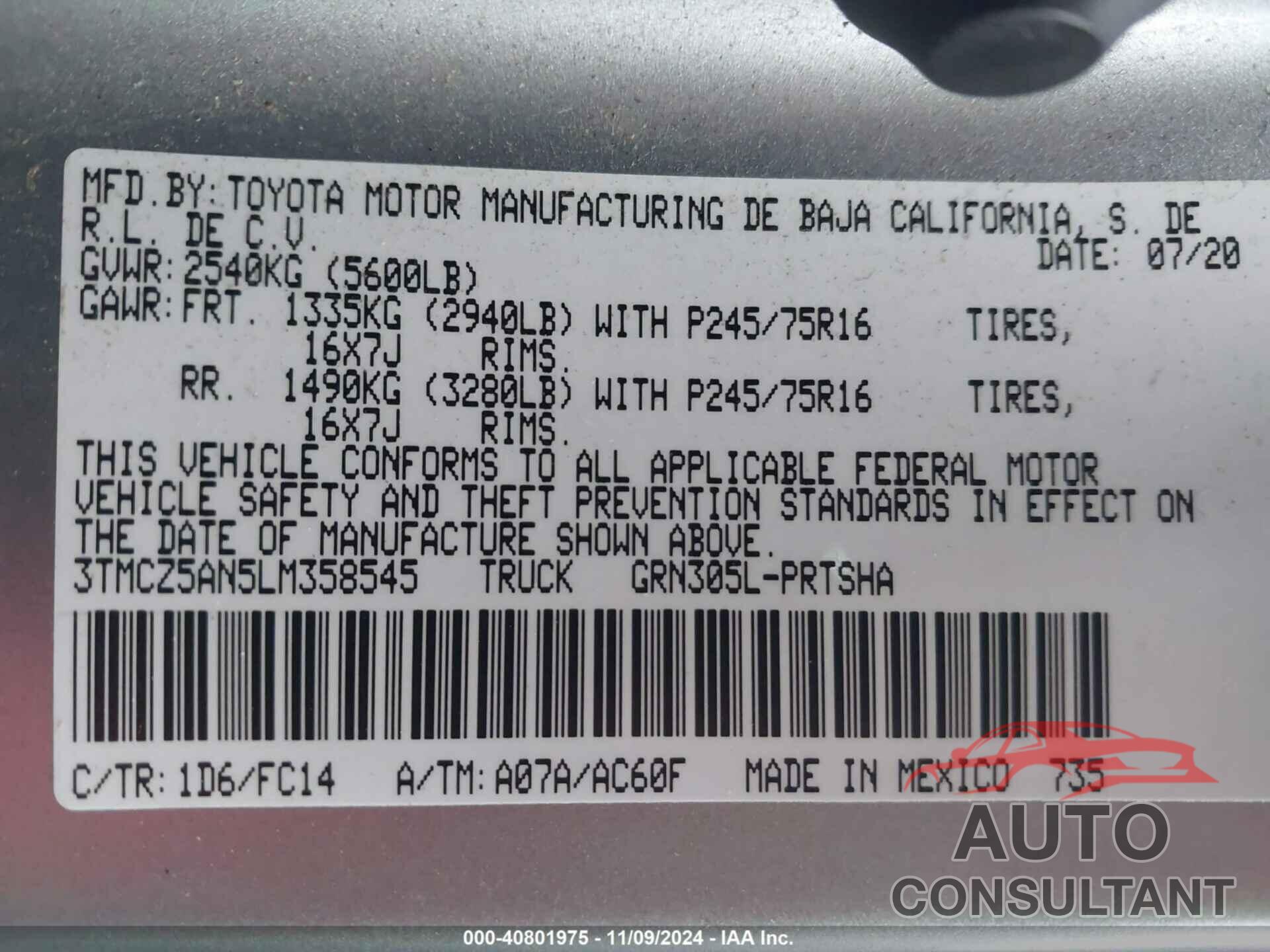 TOYOTA TACOMA 2020 - 3TMCZ5AN5LM358545