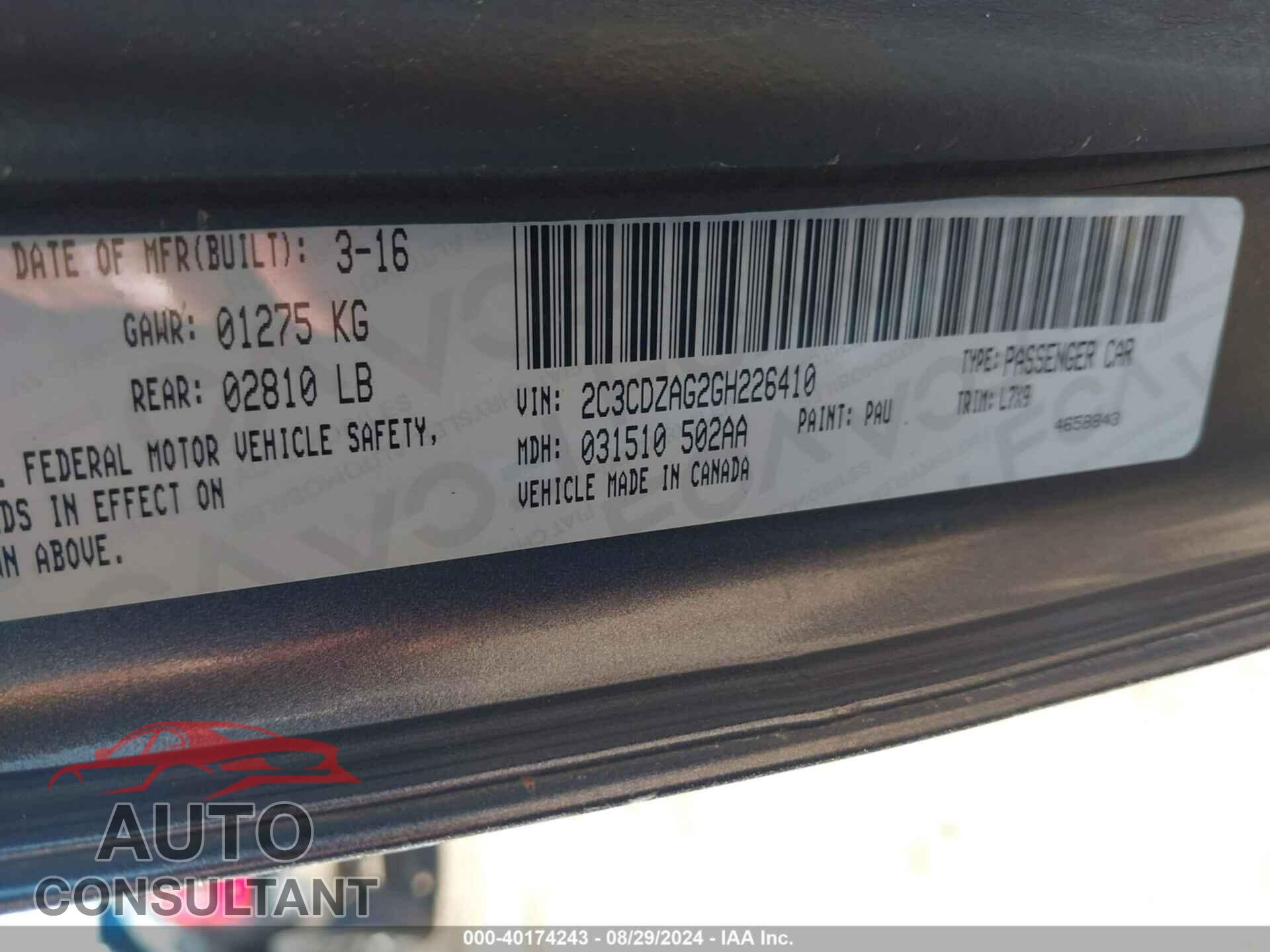 DODGE CHALLENGER 2016 - 2C3CDZAG2GH226410