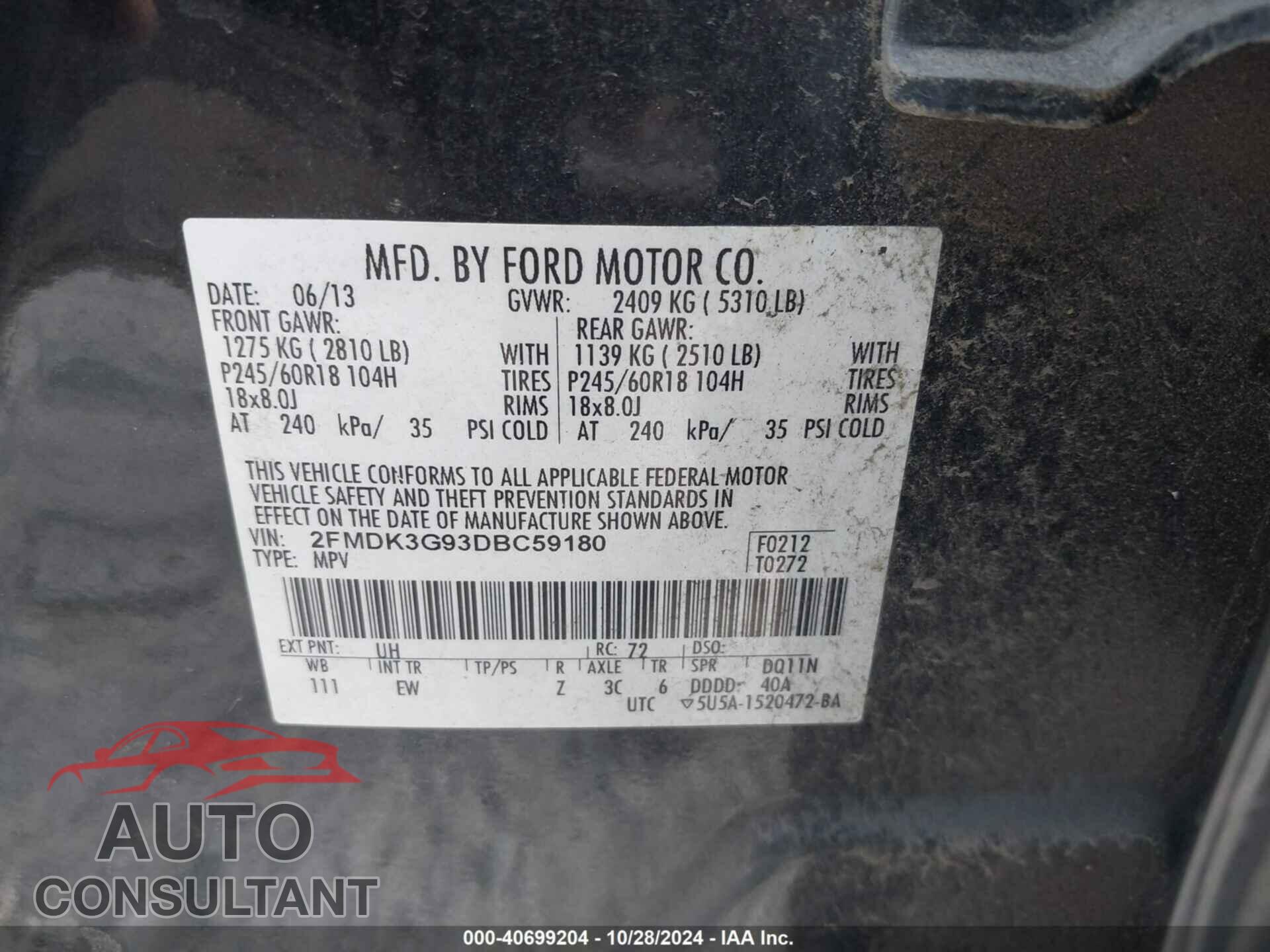 FORD EDGE 2013 - 2FMDK3G93DBC59180