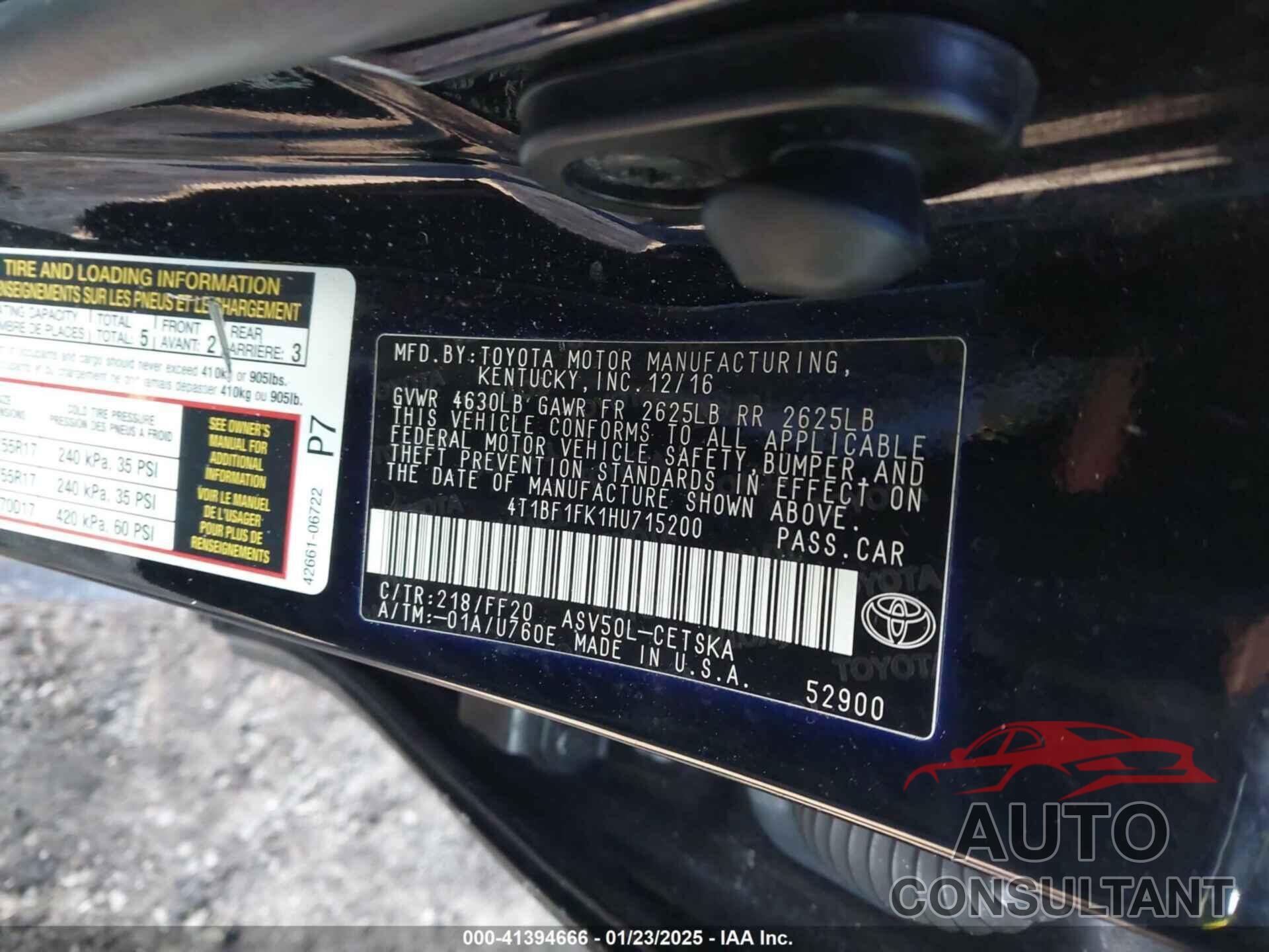 TOYOTA CAMRY 2017 - 4T1BF1FK1HU715200