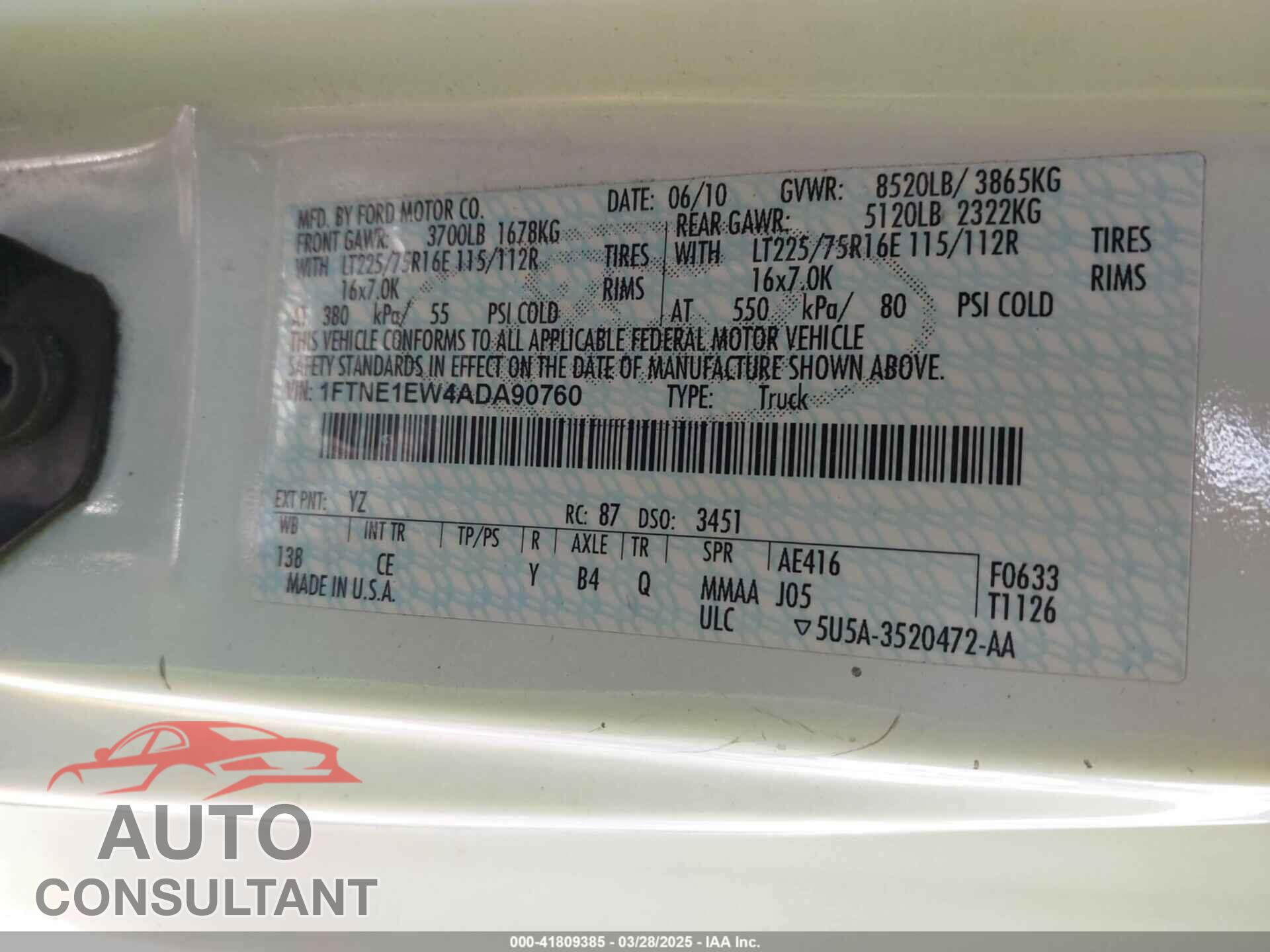 FORD E-150 2010 - 1FTNE1EW4ADA90760